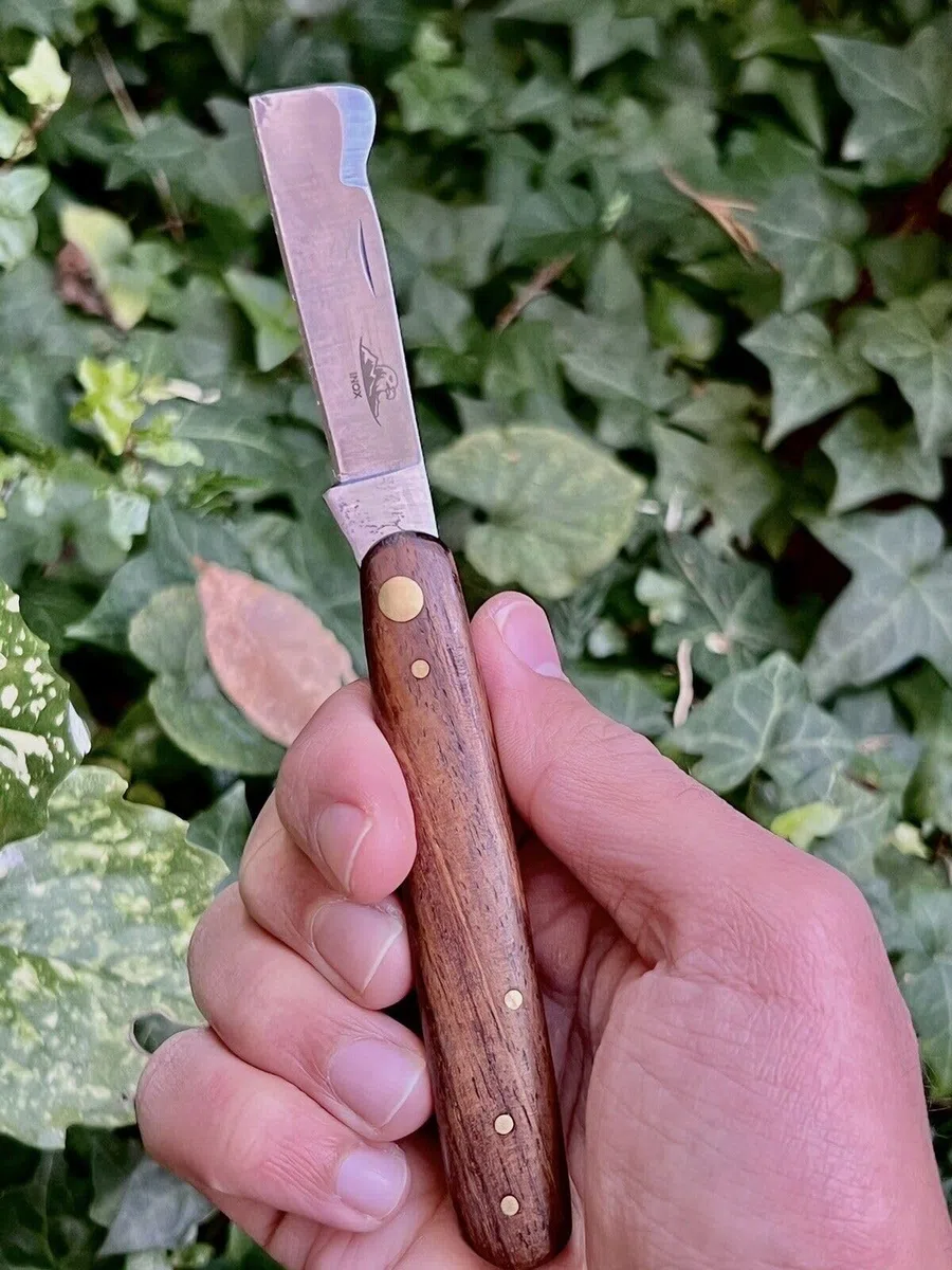 Coltello Artigianale Roncola Mezzaluna Coltelli per innesti Manico in Legno Pieghevole Coltello Da Tasca Coltello Innesto Roncola