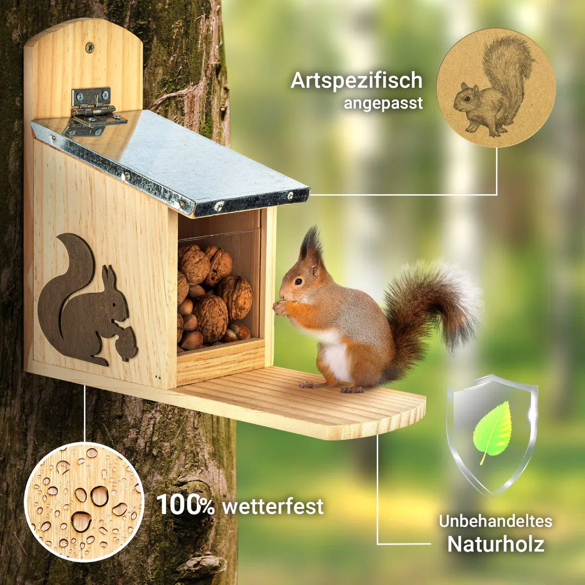 Mangiatoia per scoiattoli da Giardino, casetta in Legno per scoiattolini, Accessori per scoiattoli, 24.5x11x29 cm