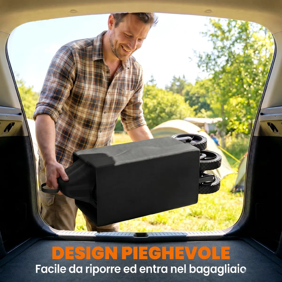 Outsunny Carrello da Giardino da 180L con 4 Ruote Girevoli, Carrello Spiaggia Pieghevole in Acciaio e Tessuto Oxford con Sacca Portaoggetti e Maniglia Girevole e Regolabile, 90x48x62 cm, Nero