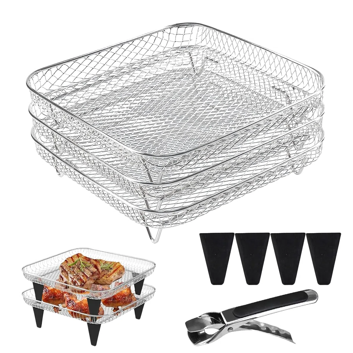 Griglia per Friggitrice ad Aria, 3 Pezzi, Impilabile in Acciaio Inossidabile, Cestello Multistrato per Frittura, Accessori per Friggitrice ad Aria con 4 Piedini in Silicone