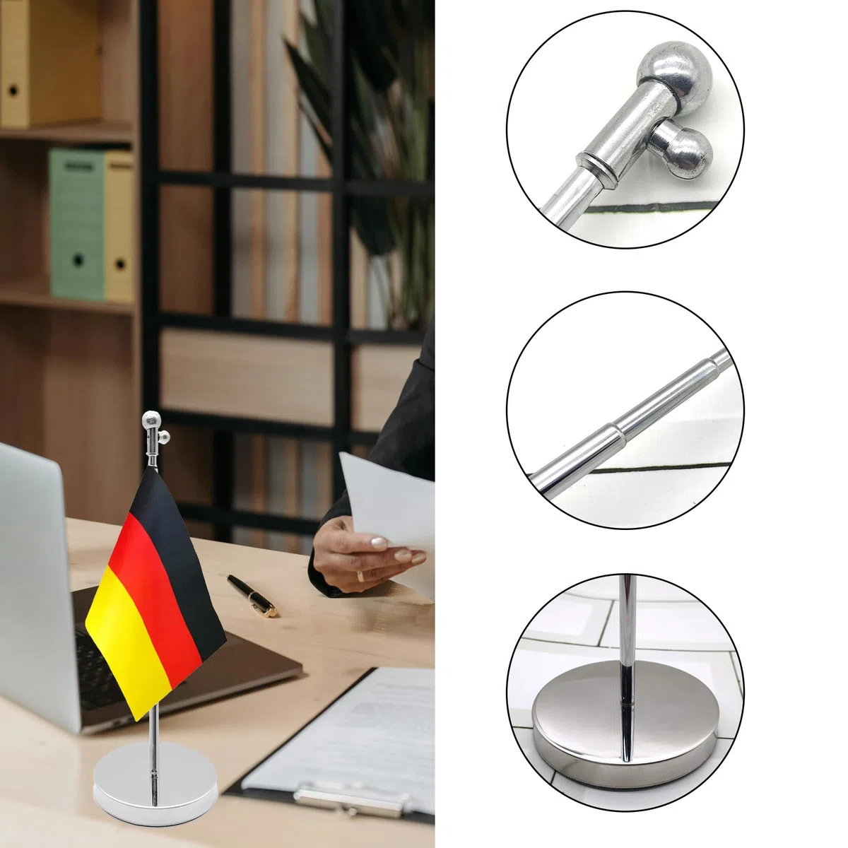 Supporto per Bandiera da Tavolo In Acciaio Inox con Base, Asta Telescopica per Bandiera da Tavolo Telescopica: 26-65cm per Tavolo, Ufficio Domestico, Feste (Argento)