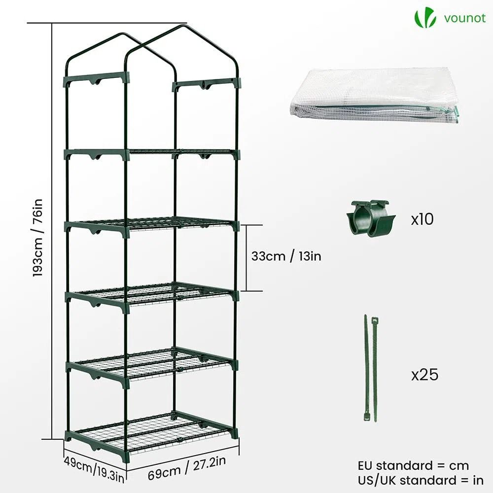VOUNOT® Serra da Giardino a 5 Ripiani – Ideale per Balcone, Terrazzo ed Esterni, Serre per Piante con Telaio in Acciaio Robusto e Telo in PVC Rinforzato, 69x49x193 cm, Bianco