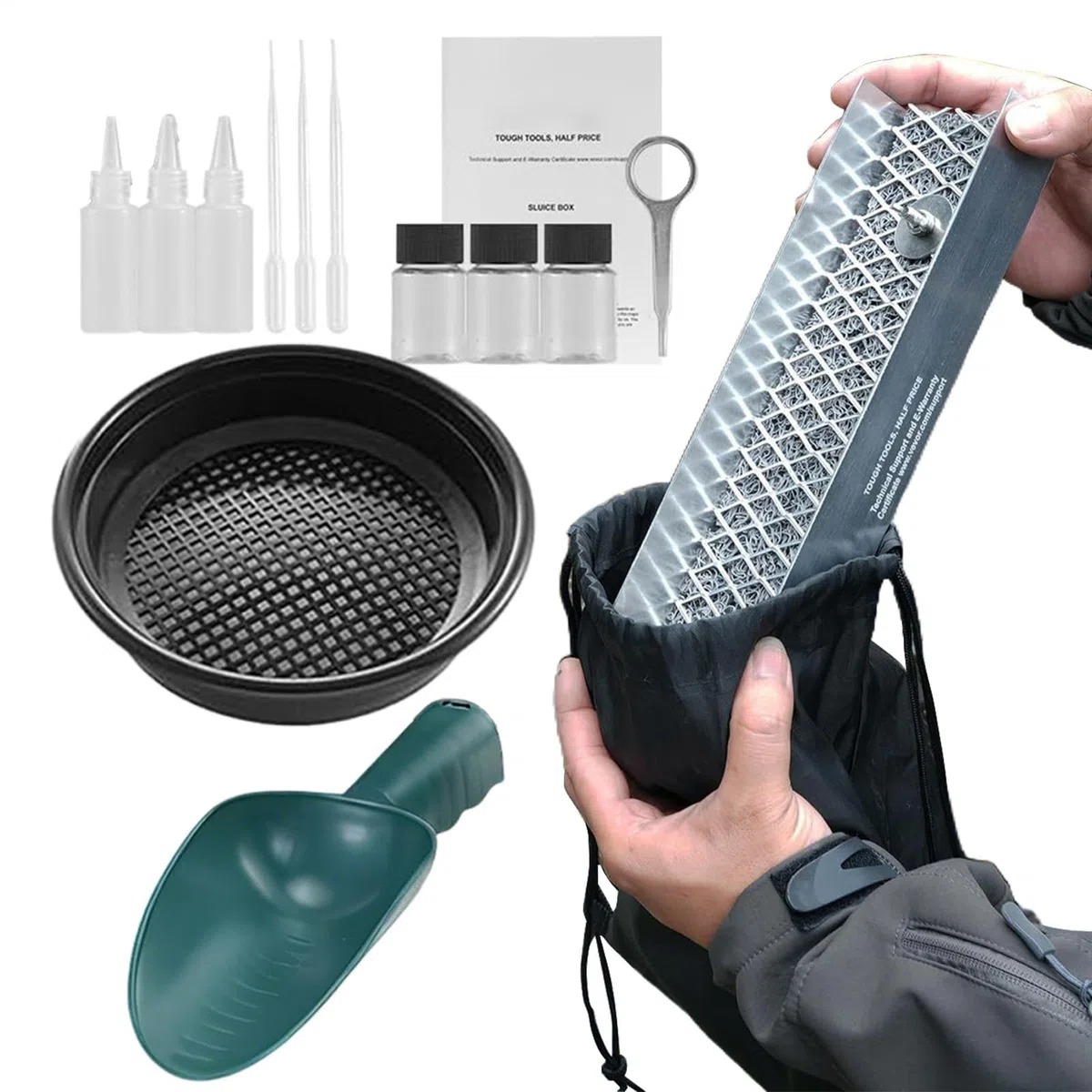 Attrezzatura mineraria d'oro, Kit portatile Sluice Box, Strumento minerario all'aperto con raccolta fiala, Attrezzatura mineraria in metallo resistente, Stile di esplorazione avventura, Flusso del