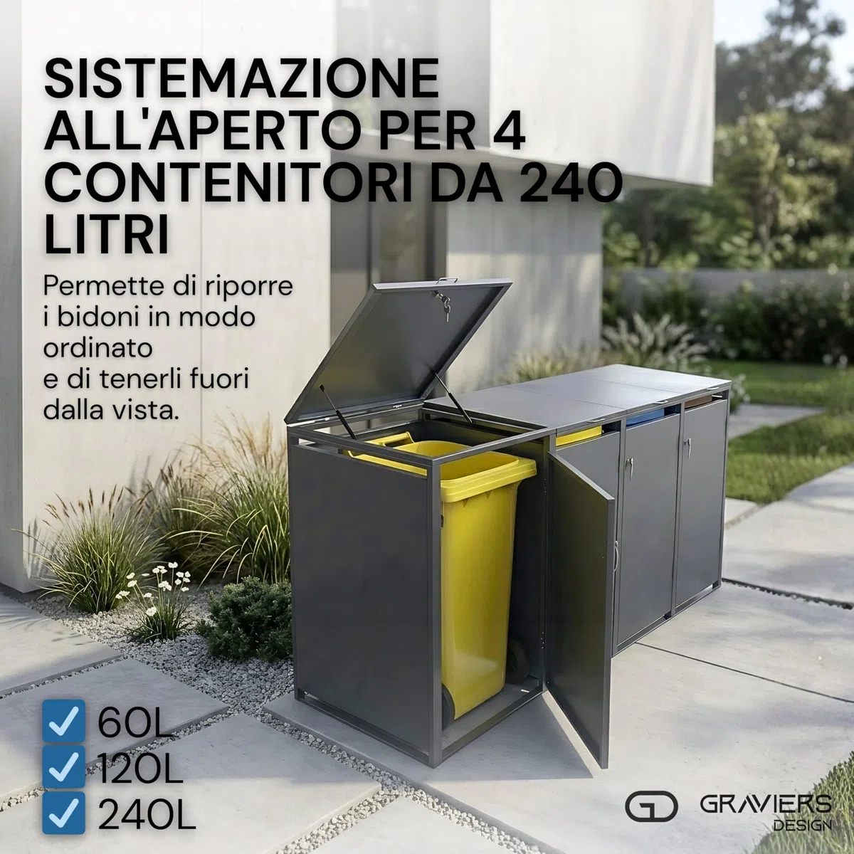 Ghiaiers - Set di 4 copribidoni fino a 240 litri, struttura in acciaio di alta qualità, bloccabile, resistente alle intemperie ed espandibile in modo modulare