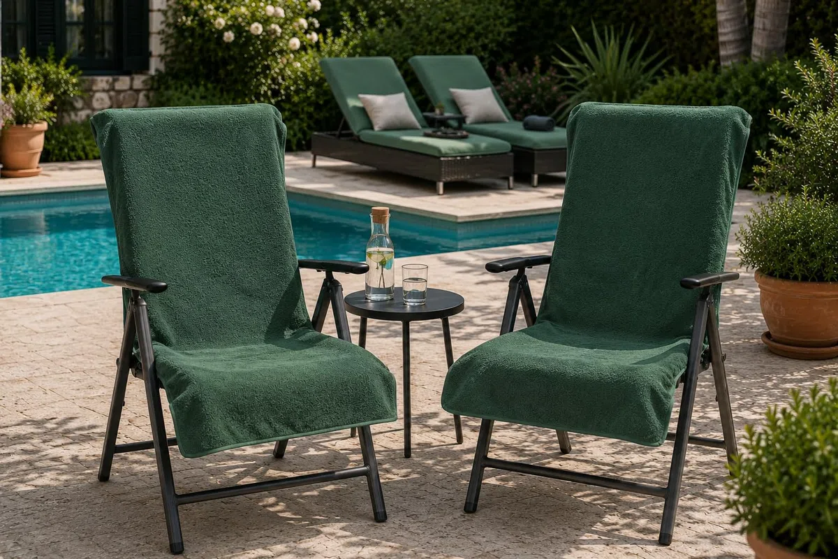 Brandsseller Coprisedia in Spugna per Sedia da Giardino 65x130 cm – Asciugamano XL in 100% Cotone Copricuscino - antiscivolo, lavabile, certificato Oeko-Tex – Verde Scuro