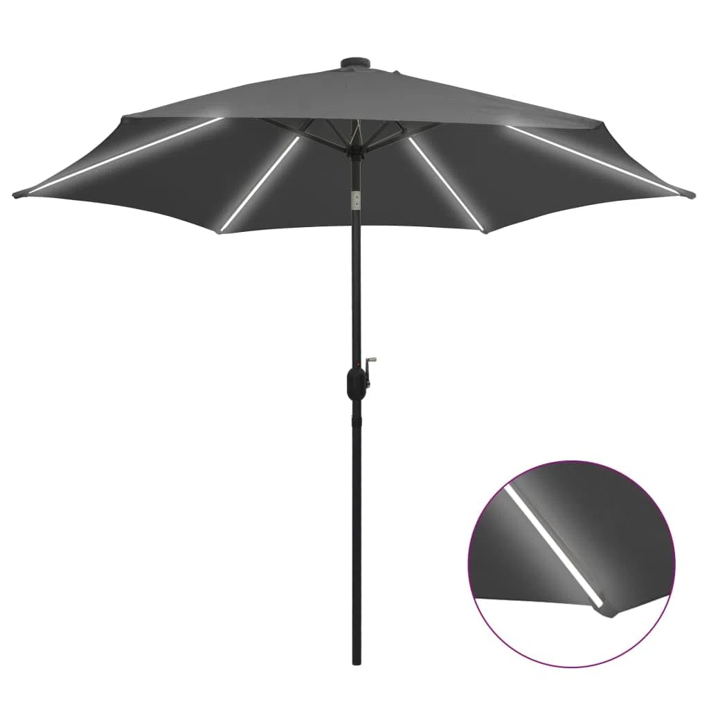 vidaXL Ombrellone con Luci a LED e Palo in Alluminio Parasole Protezione per Il Sole Telo Protettivo Tenda Accessori da Esterni 300 cm Antracite