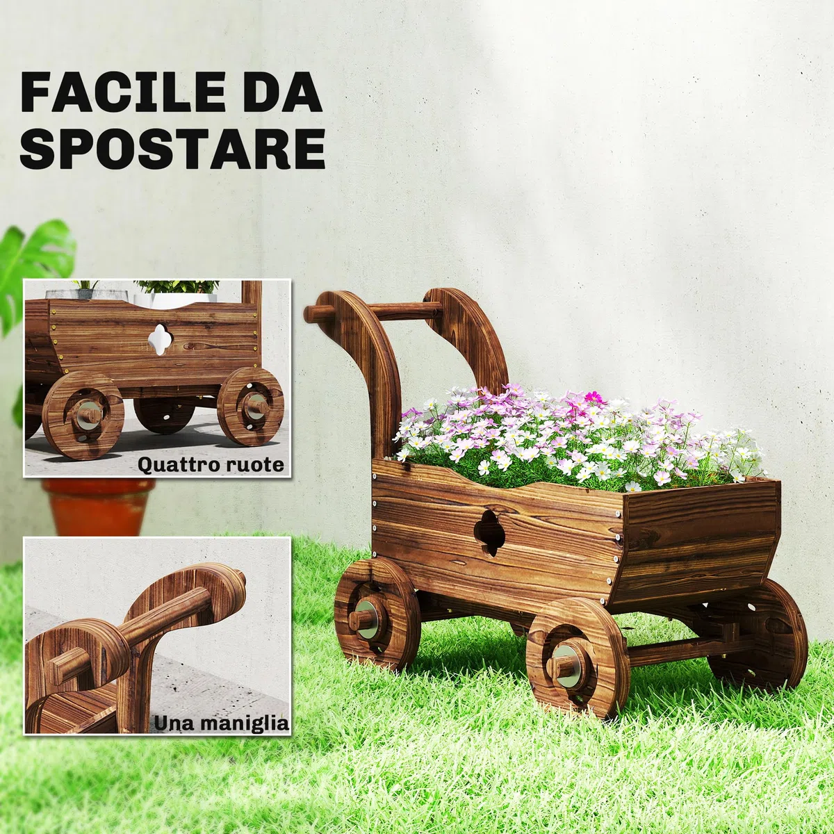 Outsunny Letto per Orto Rialzato da Esterno a Forma di Carretto con 4 Ruote e Maniglia, Fioriera in Legno di Abete con Fori di Drenaggio, per Balcone Patio, 68x38x52 cm, Carbonizzato