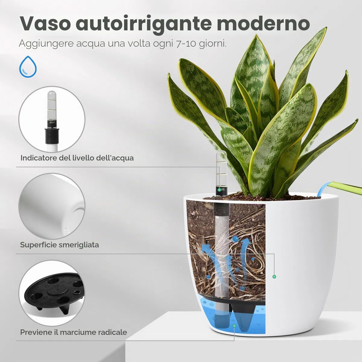 T4U Vaso per Piante da Interno, Vaso Autoirrigante 22 cm Set da 4 Bianco | Vaso con serbatoio acqua, Vaso con indicatore livello acqua, Piante verdi, erbe aromatiche, casa, balcone