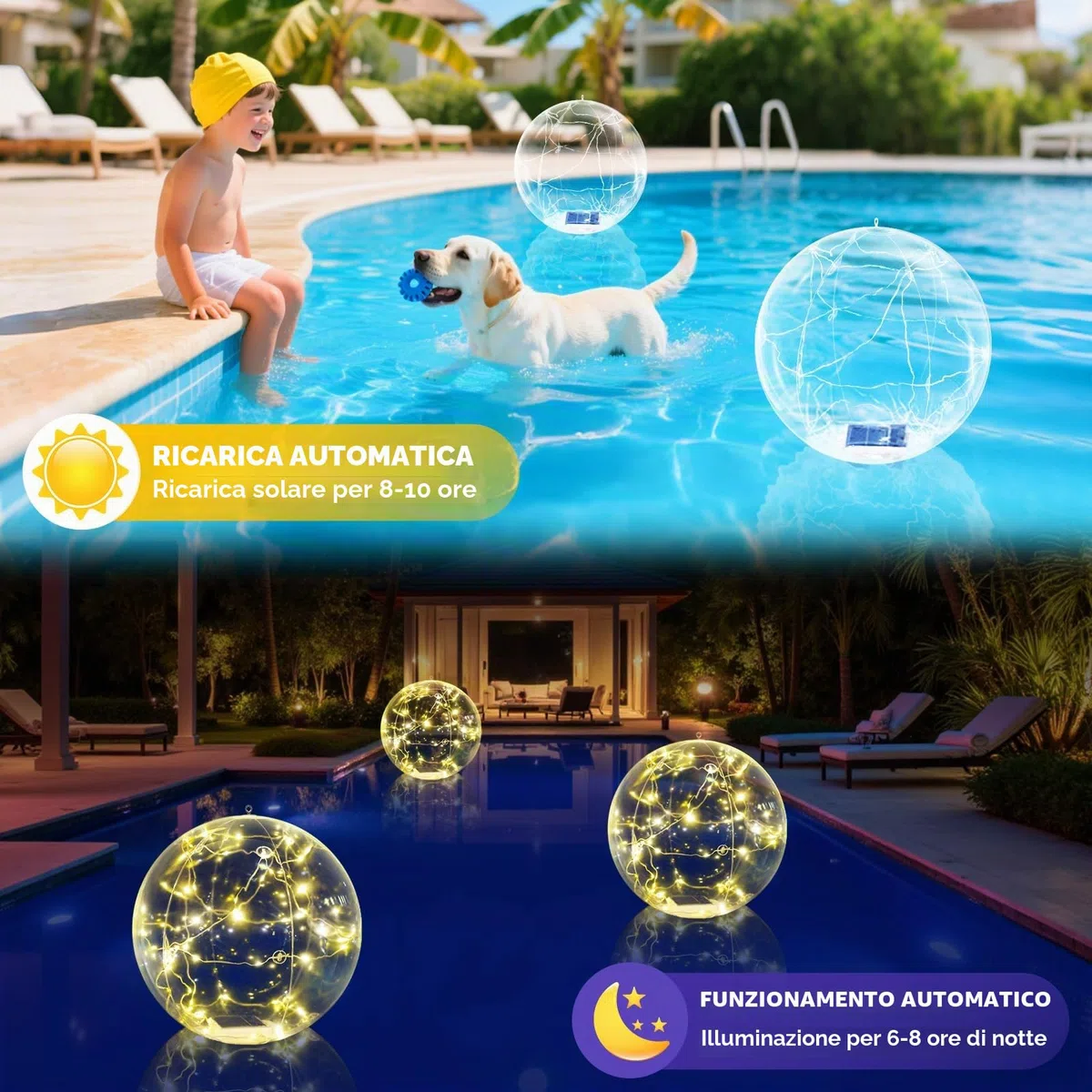 Askyli - Luci galleggianti solari per piscina, 38,1 cm, luce solare impermeabile che galleggia, luci LED bianca calda per palline da piscina, luci solari per piscina con accensione automatica per