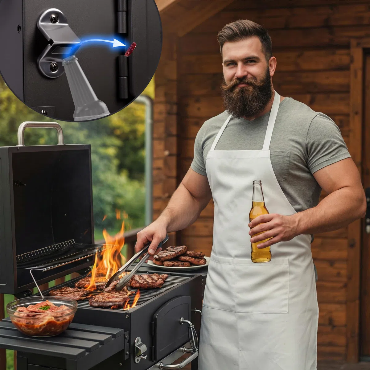 Berdsen BBQChef - Barbecue a carbonella con camino e griglia in ghisa, 41,5 x 57 cm, vassoio per carbone regolabile in altezza, termometro, ripiani laterali pieghevoli, mobiletto inferiore, griglia su