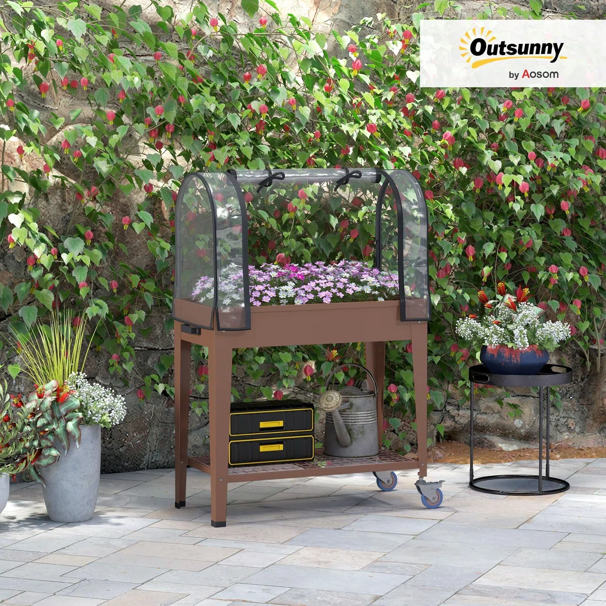 Outsunny Letto per Orto Rialzato con Mini Serra per Piante e Ruote, Orto Urbano con Copertura e Ripiano, 80x40x120cm, Marrone