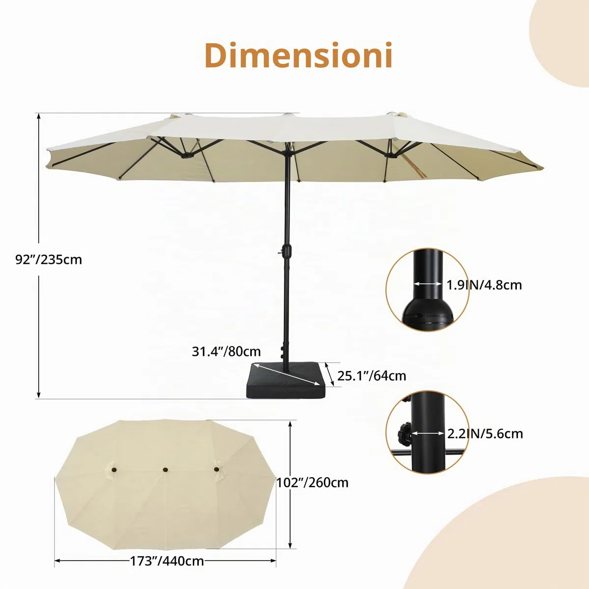 VOWNER Ombrellone da Giardino, Doppio da Patio Rettangolare, con Sistema di Apertura e Chiusura Manovella, con Base & Manovella, 4,4 x 2,6 m, per Giardino, Esterno, Beige