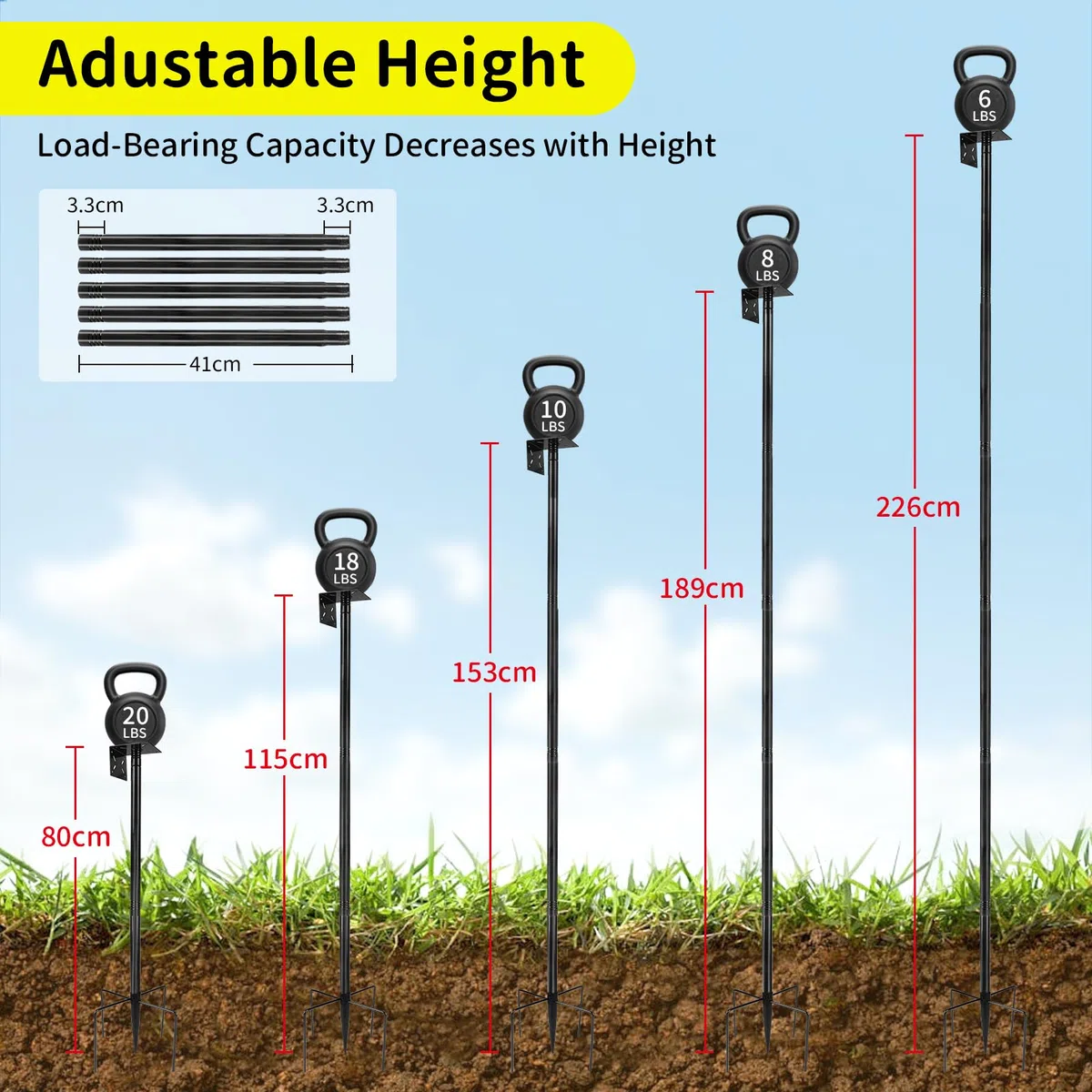 1 Pezzo Supporto regolabile per casetta per uccelli 220cm Set universale per giardino con base a 5 bracci per mangiatoie, stazioni meteorologiche (Senza casetta per uccelli e viti), Nero
