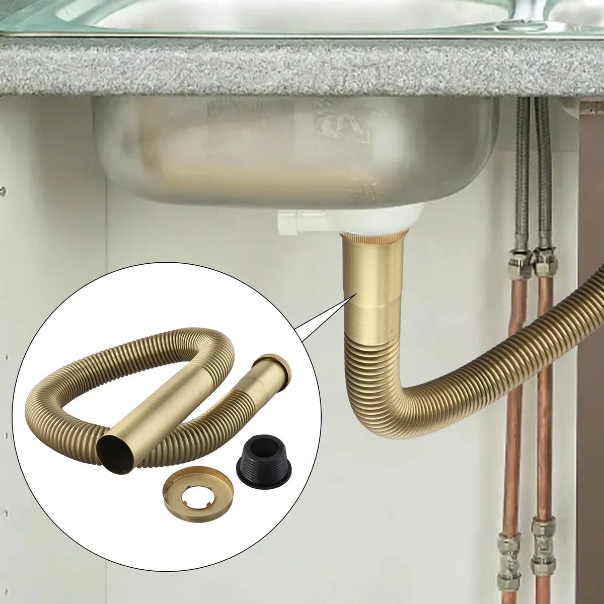 Sifone flessibile in ottone, DN30, tubo di scarico standard per lavello/vasca da bagno (connettori doppi da 32-30 mm), lunghezza regolabile 80 cm, finitura in ottone antico, previene l'accumulo di
