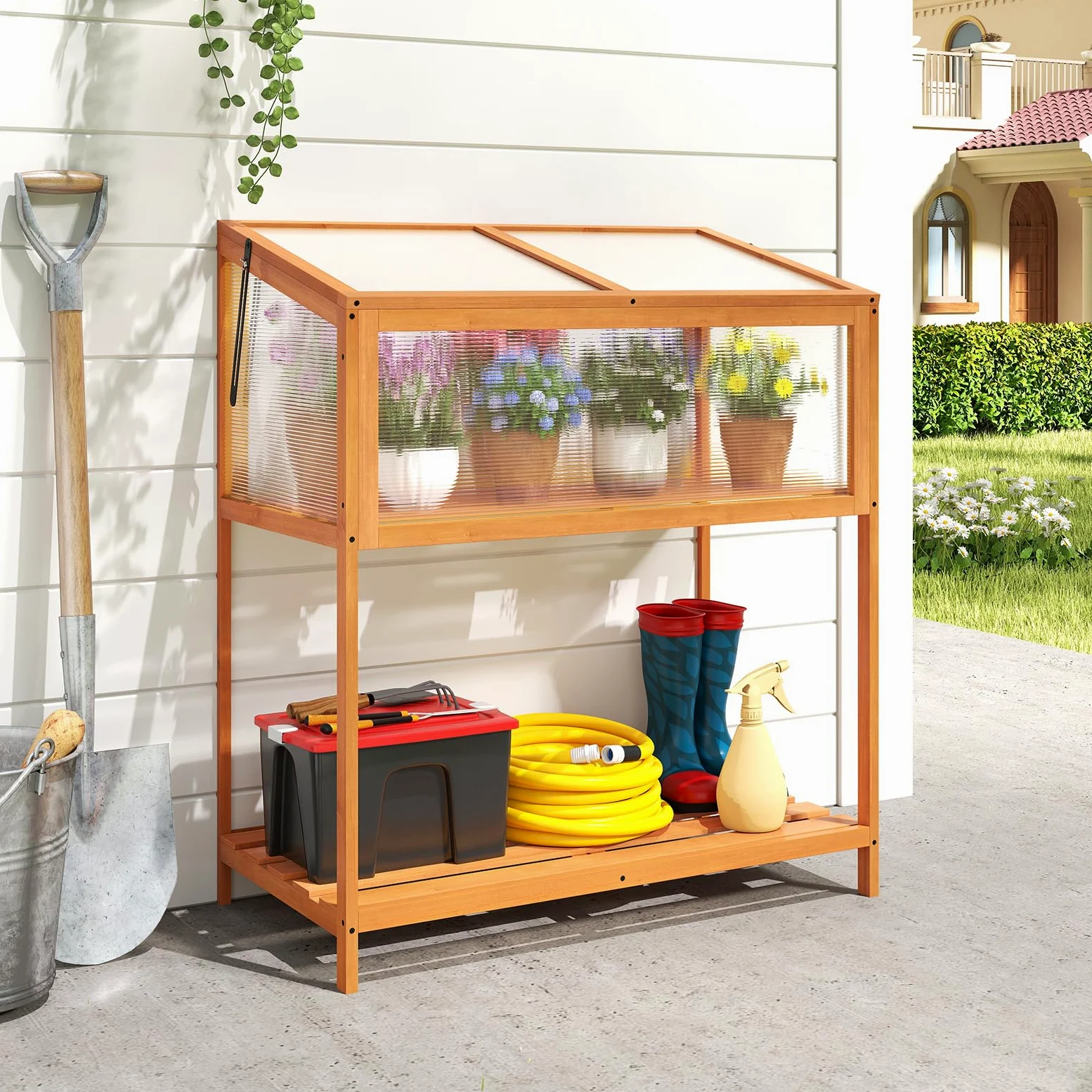 COSTWAY Mini Serra in Legno con Tetto Trasparente Apribile e Mensola a Doghe, Mini Serra Salvaspazio da Interno ed Esterno per Giardino, Veranda e Balcone, 90 x 50,5 x 105 cm