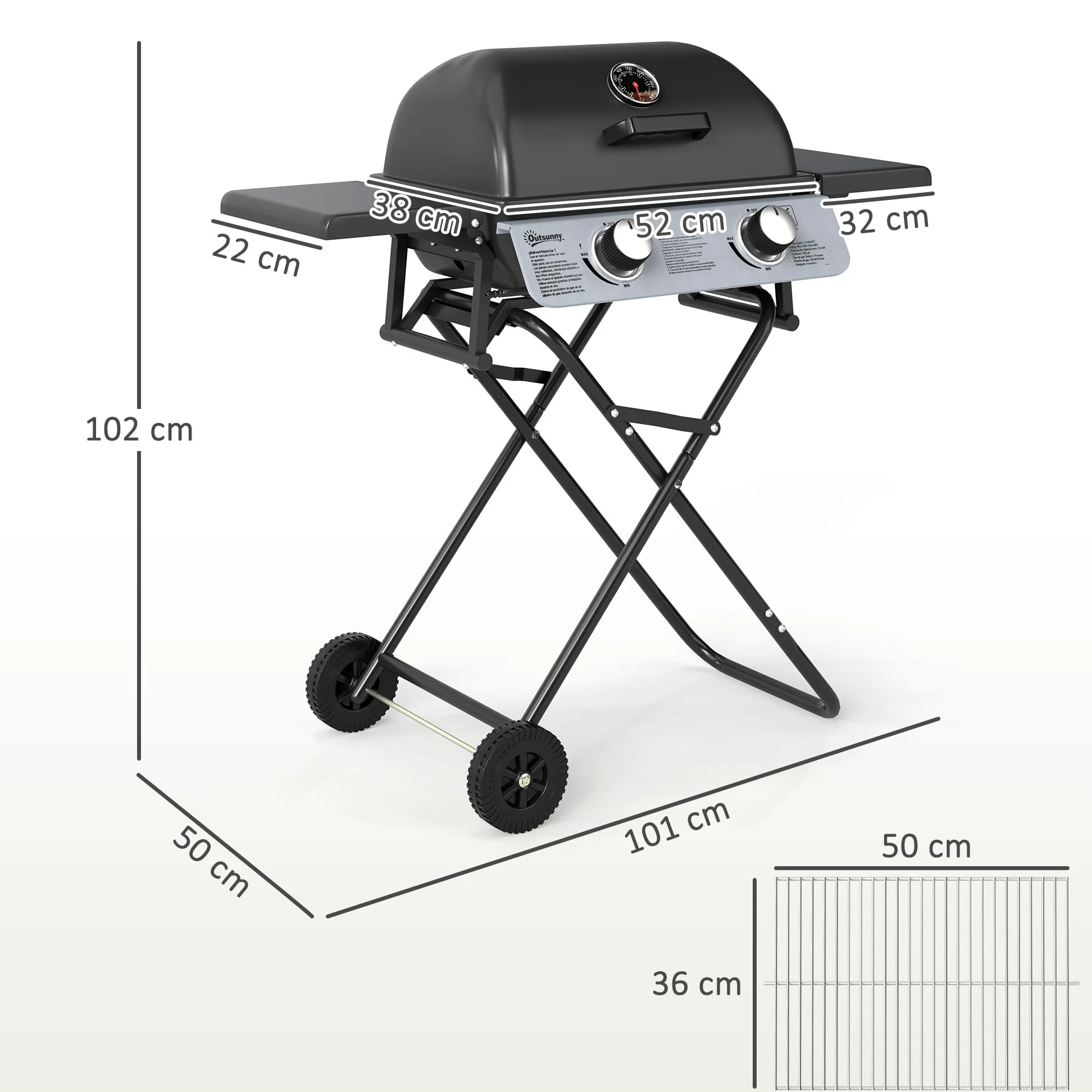 Outsunny Barbecue a Gas in Acciaio, BBQ a Gas a 2 Bruciatori da 2.8 KW con Coperchio, Termometro, Ruote, Griglie, Tavolino Laterale e Vaschetta Raccogli Grasso, Regolatore, Nero
