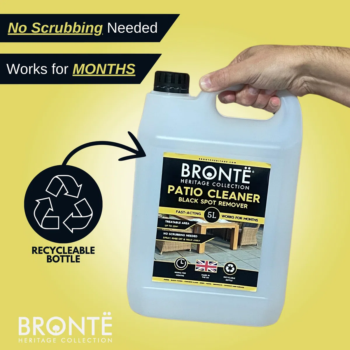 Bronte Heritage Patio Black Spot Remover 5L – Soluzione ad azione rapida per macchie nere ostinate, licheni, muschio e macchie. Non necessita di strofinare, per patio, pavimentazione, vialetti e