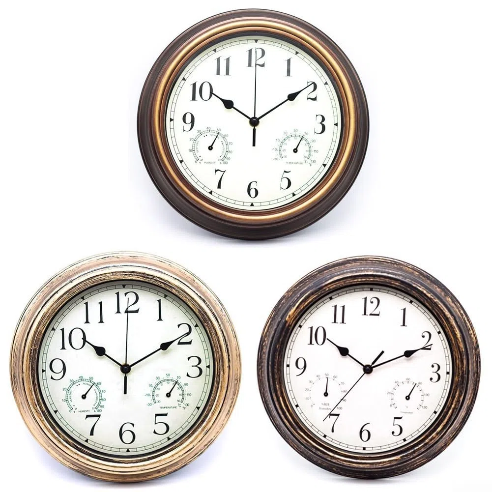 Orologio da parete da giardino da 30,5 cm, con termometro e igrometro, impermeabile, silenzioso, senza ticchettio, orologio decorativo per patio, portico, garage (rame rosso)