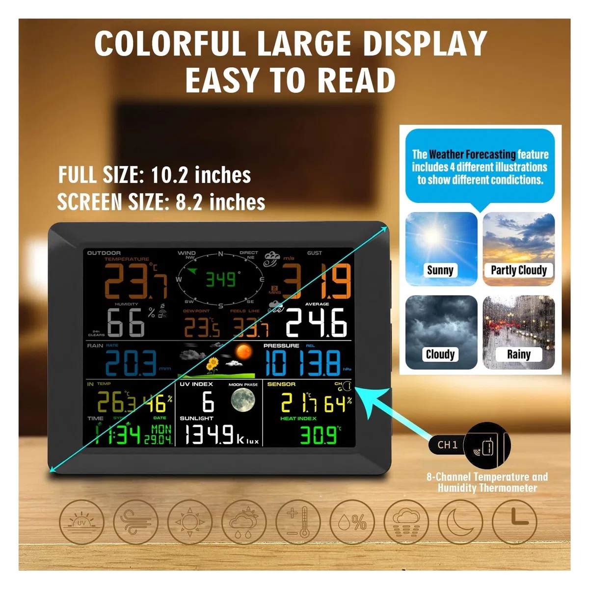 Stazioni Meteorologiche Wireless Display Ampio Da 10 Pollici Termoigrometro For Interni Ed Esterni Pluviometro Velocità Del Supporti A 8 Canali Preciso Veloce Monitoraggio In Tempo Reale