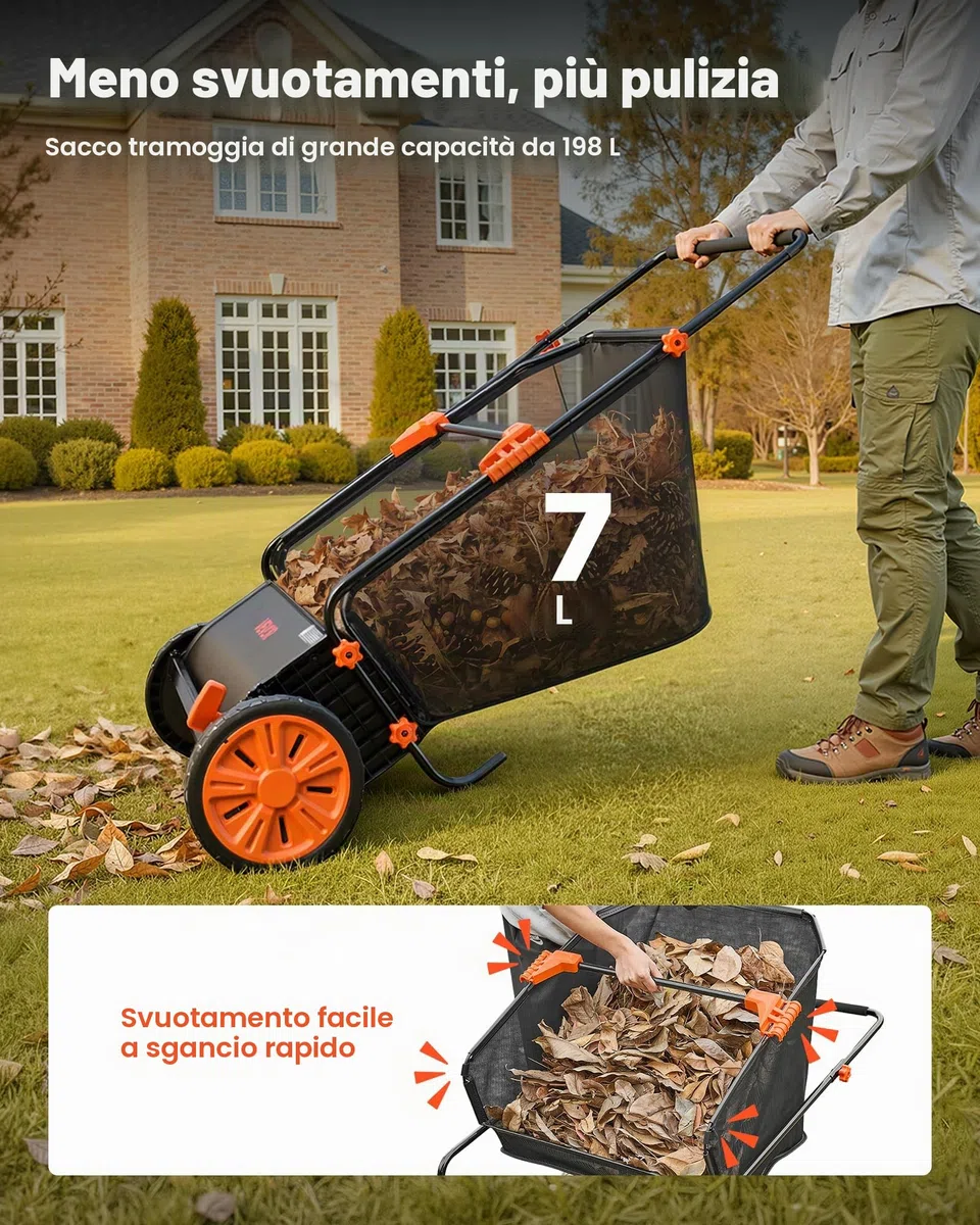 VEVOR Spazzatrice Raccoglitore Foglie da Cortile Giardino, Spazzatrice con Sacco di Raccolta di Foglie Erbe Larghezza 66 cm Sacco di Raccolta Capienza 198 L, Raccoglitore Manuale con Ruote in Gomma