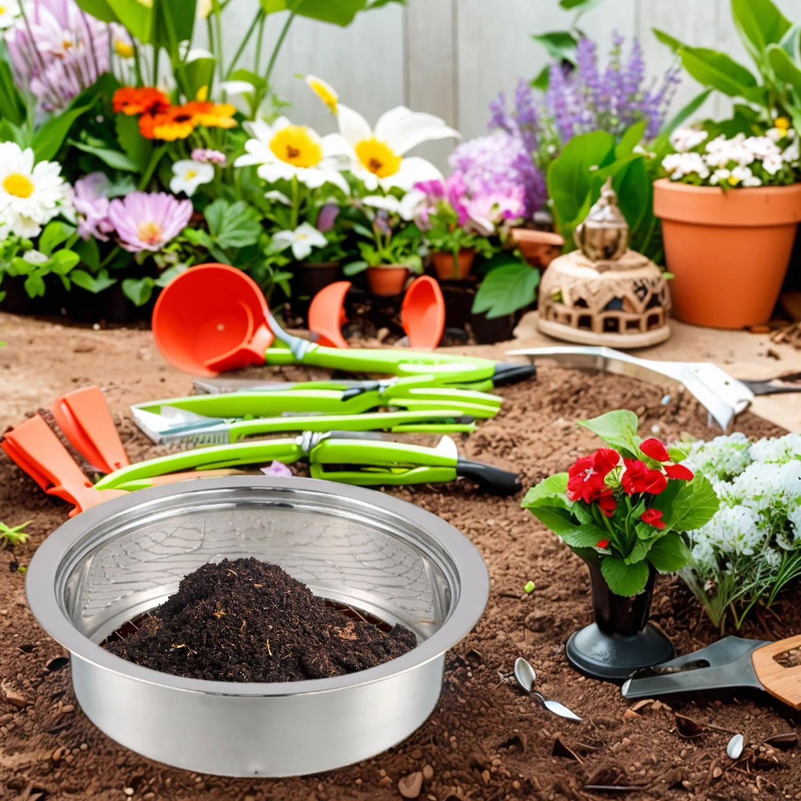 Setaccio Giardino, Colino da giardino in acciaio inox, Setaccio da giardino 3 in 1 in acciaio inox, con 3 Inserti Intercambiabili 3mm 6 mm 9 mm Setaccio Rotondo in Acciaio Inox, Setaccio per Compost