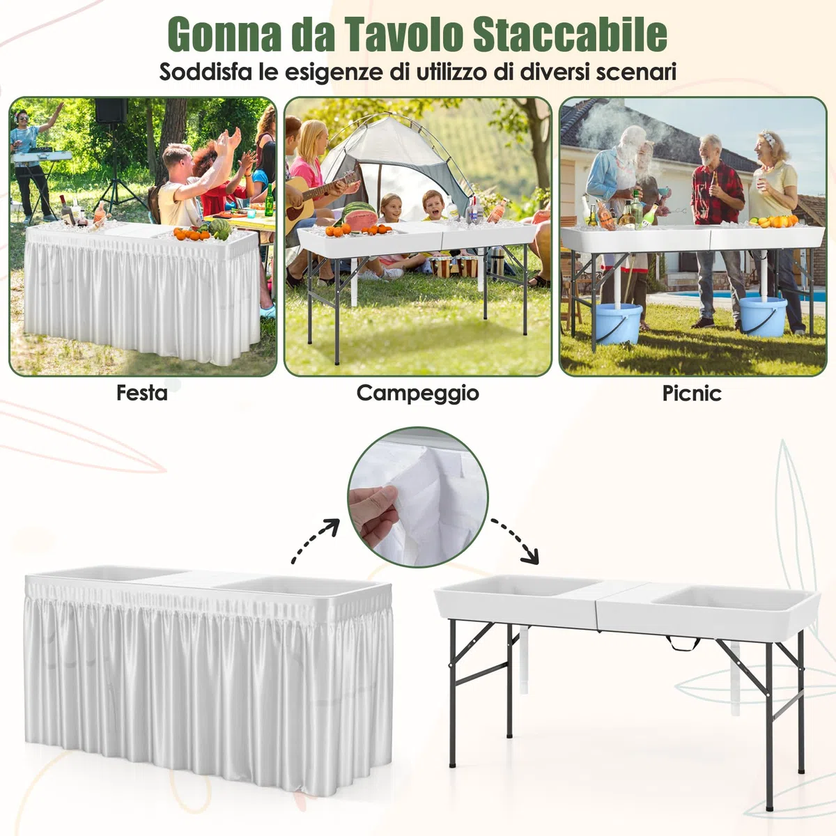 RELAX4LIFE Tavolo Refrigerante Pieghevole 150 CM per Bevande e Alimenti Freddi, con 2 Lavelli, Gonna Rimovibile, Tubo di Scarico Regolabile, Piano in HDPE, Tavolo del Ghiaccio Per Giardino, Campeggio