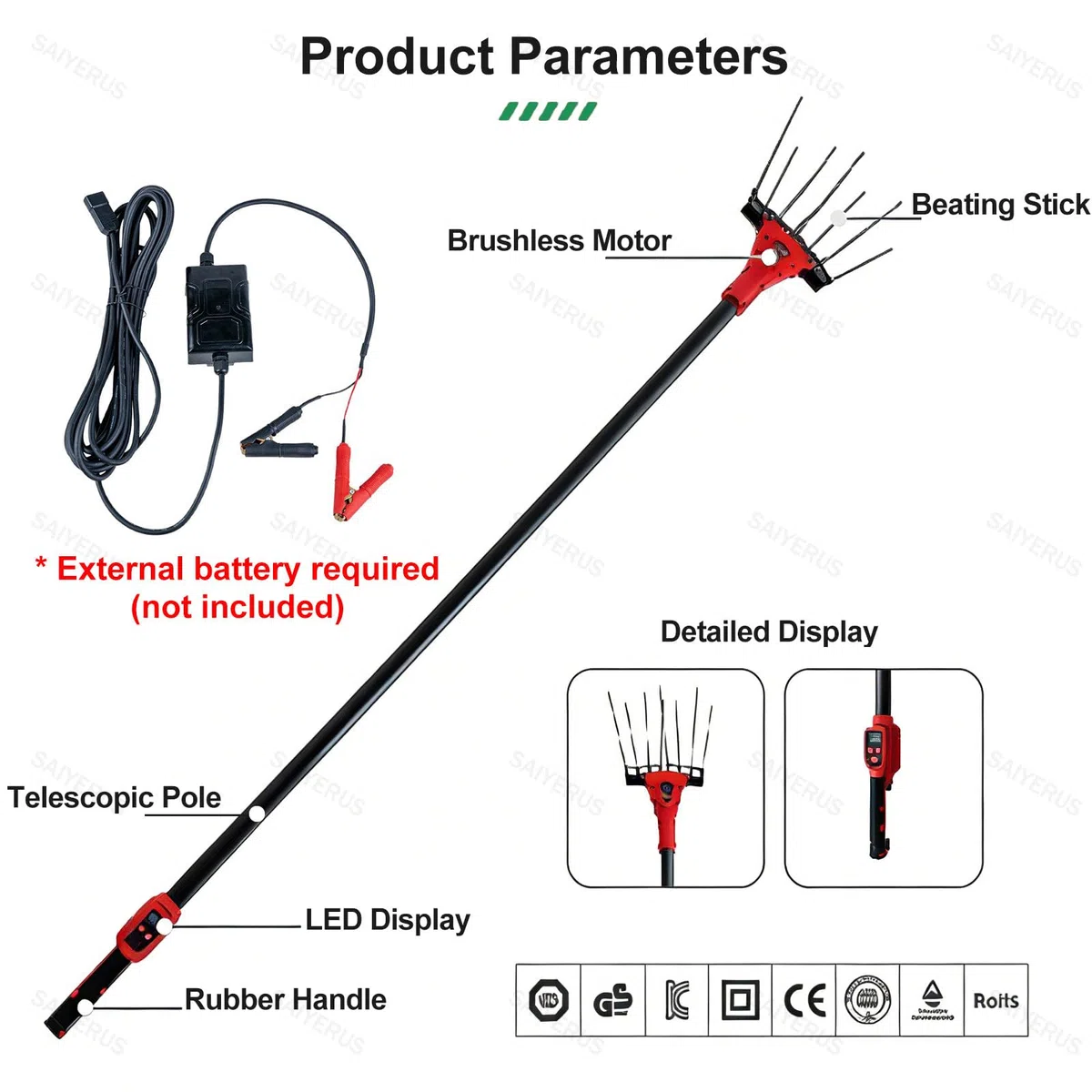 Scuotitore per Olive da 600w, Raccoglitrice di Frutta, Macchina Elettrica Portatile per La Raccolta di Olive, caffè, Mandorle, Bacche di Goji e Noci, Dotata di Asta Telescopica da 175-270cm