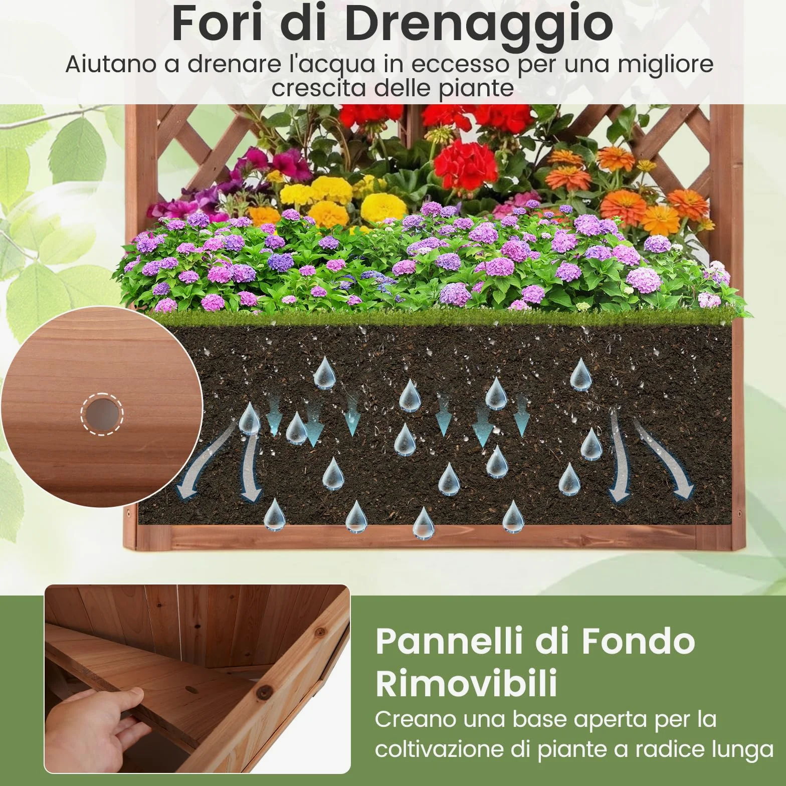 COSTWAY Letto da Giardino Rialzato ad Angolo con Traliccio e Fori di Drenaggio, Fioriera in Legno Elevata per Piante Rampicanti, Fiori e Verdure, Ideale per Interno ed Esterno (Marrone)
