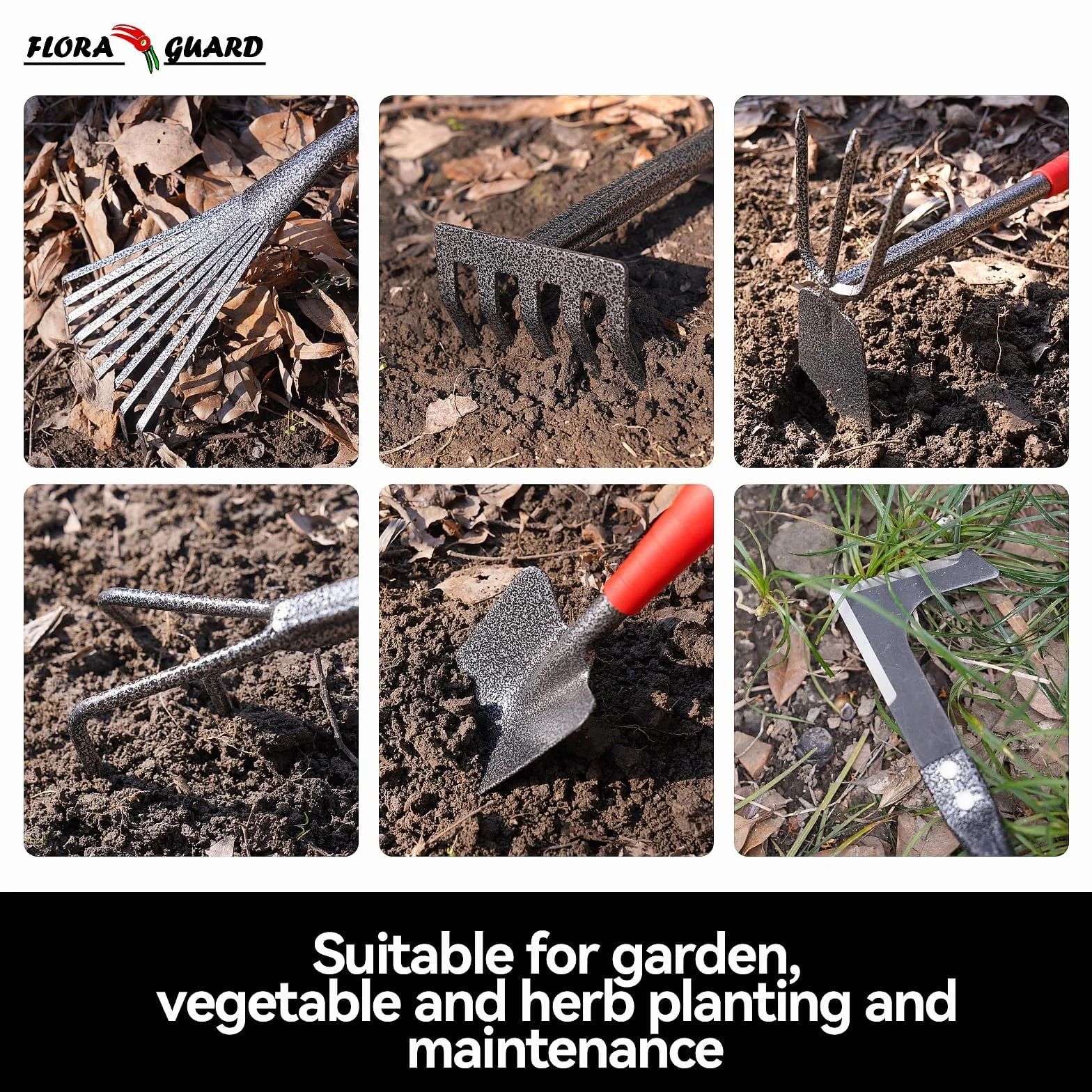 FLORA GUARD Set di attrezzi da giardino, set da 6 pezzi di utensili manuali da giardino di grande formato e robusti, strumenti di utilità classici e durevoli per coltivare e mantenere il tuo giardino