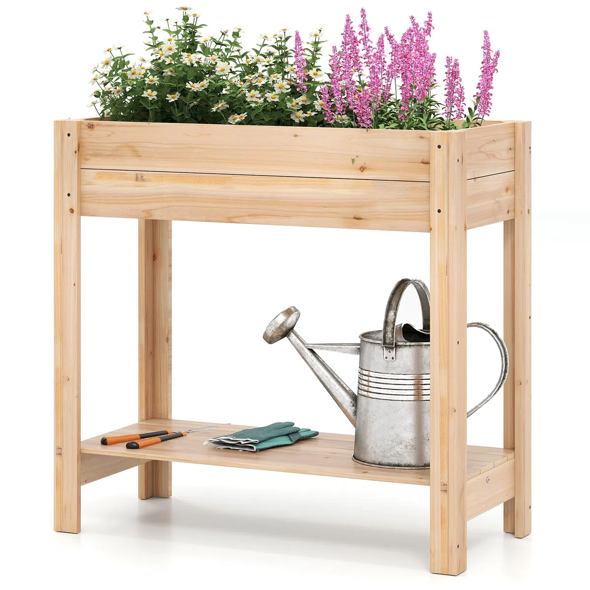 HOMASIS Fioriera Rialzata da Esterno in Legno di Abete, Orto Rialzato con Fori di Drenaggio, Letto da Giardino per Piante, Fiori, Erbe (con Ripiano, Naturale, 81 x 38 x 77 cm)