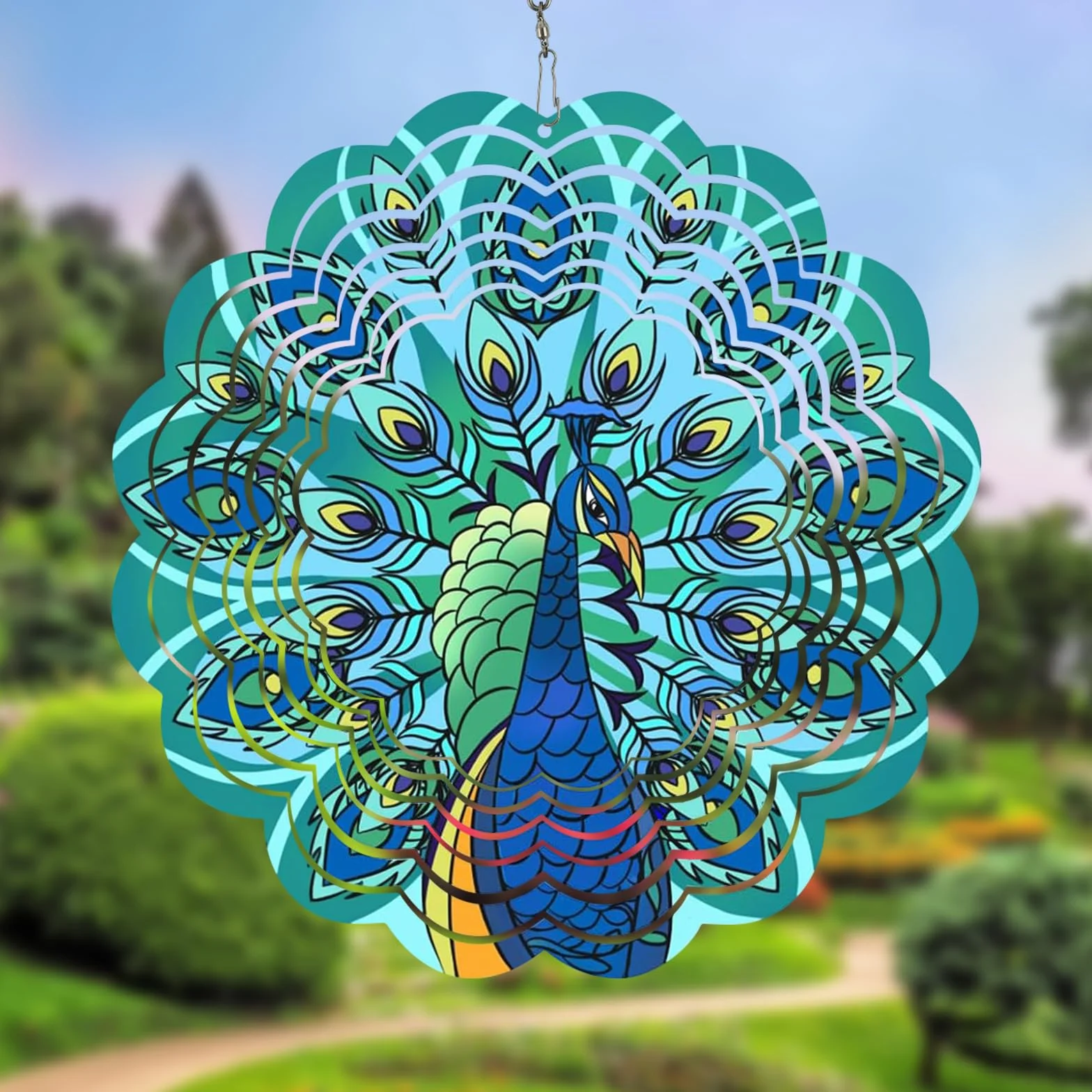 Girandole a Vento in Metallo, Girandola a Vento Magica 3D Ornamenti da Giardino, Mulino a Vento Girevole in Metallo per Cortile Esterno Patio Prato e Decorazione del Giardino Regalo (Pavone)