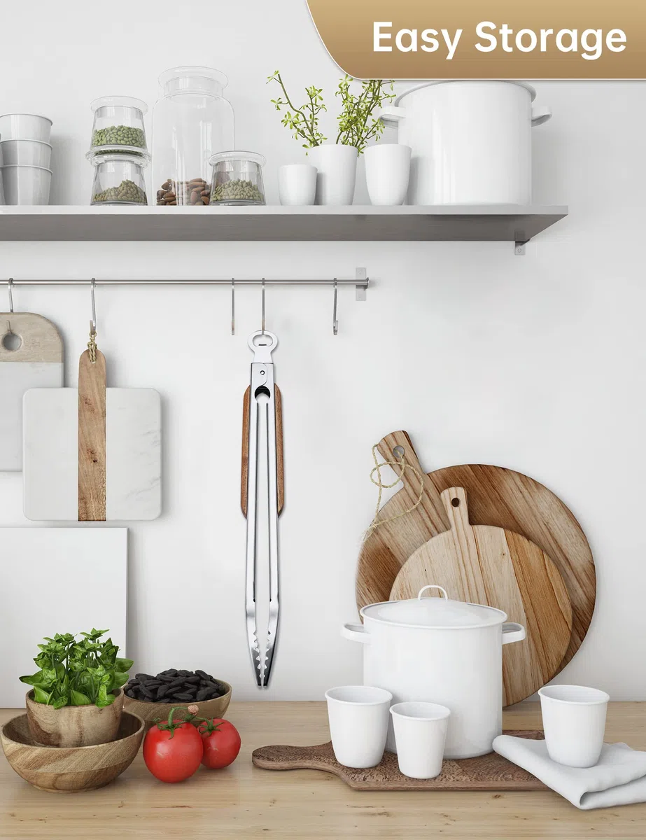 Pinze per griglia, 50 cm, ultra lunghe, in acciaio inox, con manici in legno massello, per grigliare, barbecue, barbecue, cottura