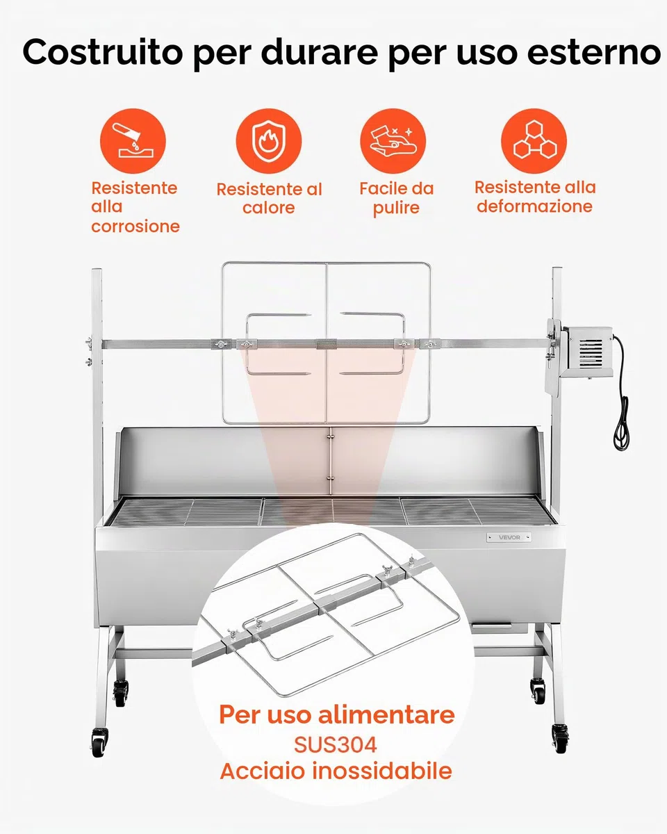 VEVOR Griglia per Maialino Griglia a Carbone, Lunghezza 1218 mm 38 W con Carico di 60 kg e Ruote e Regolazione dell'Altezza a 4 e Vie Copertura Protettiva, in Acciaio Inossidabile per Campeggio