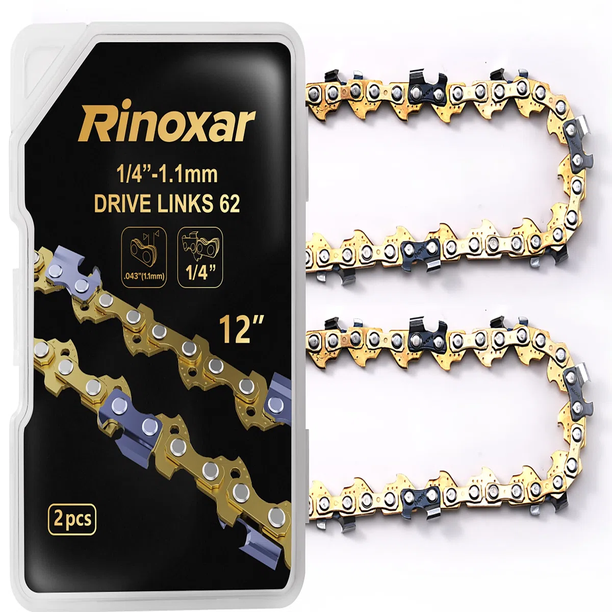 2 Catene per Motosega da 12 Pollici Oro 2026 Upgrade, 1/4", 1.1 mm (.043"), 62 Maglie, Alta Precisione, Compatibili RINOXAR PowerCut X13