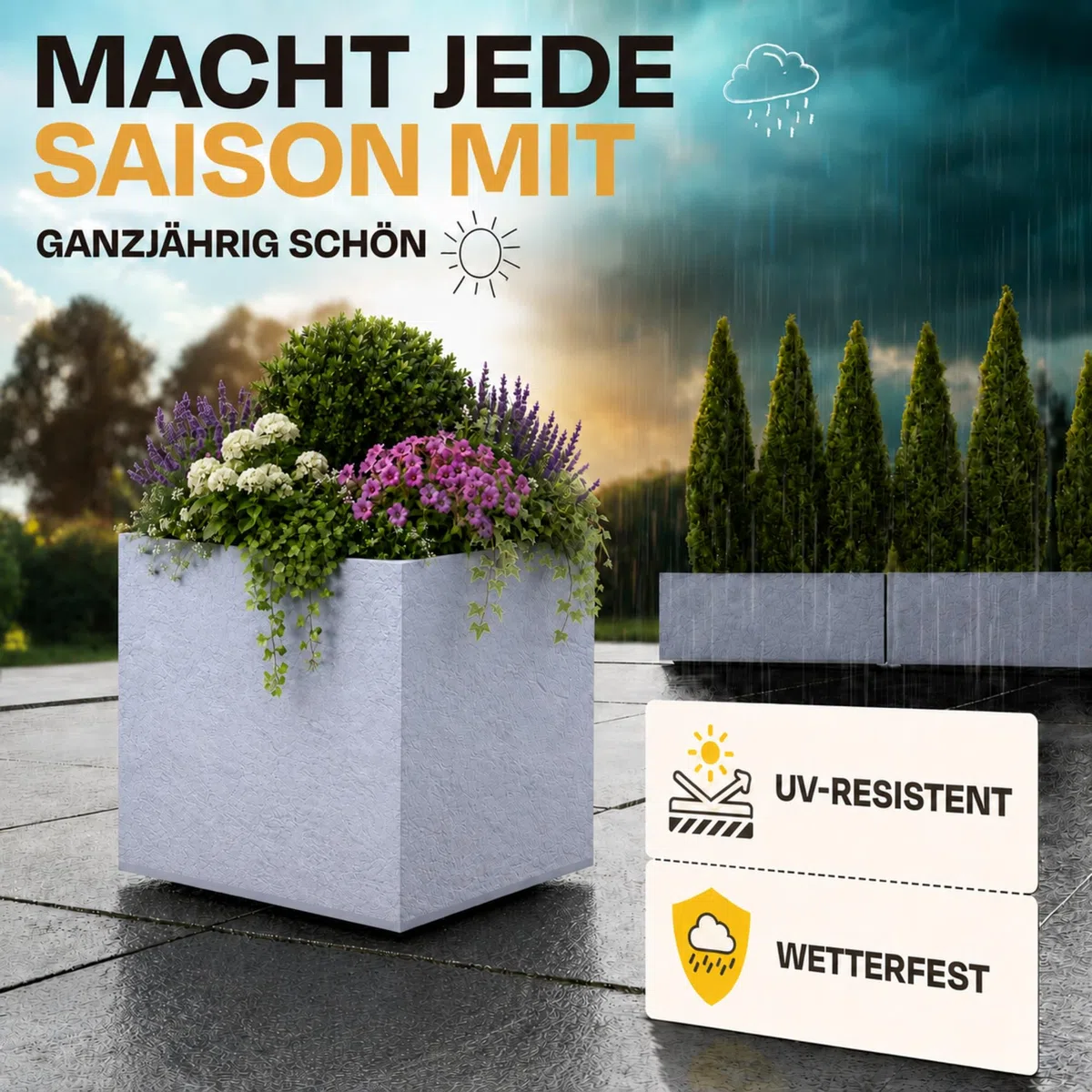 Ondis24 Vulkan Pierre 50 - Vaso da fiori da giardino, 50 x 50 cm, effetto ardesia, con serbatoio d'acqua, alto, resistente all'inverno, colore: grigio chiaro
