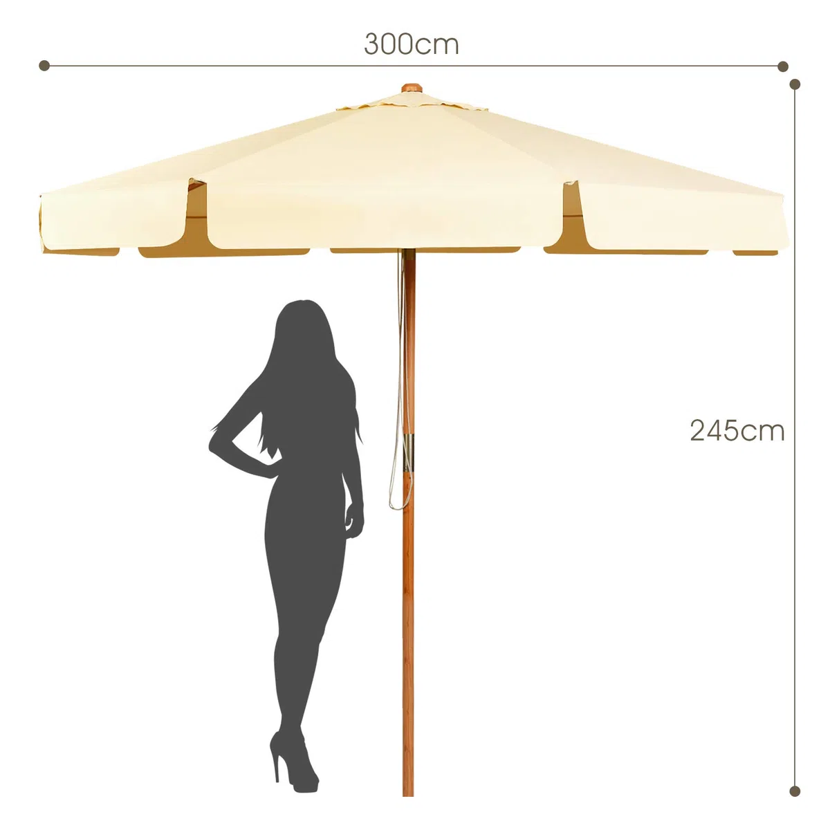 GYMAX Ombrellone da Giardino 3x3 M, 8 Stecche in Legno Massello, Ombrellone Inclinabile con Copertura Impermeabile e Resistente al Sole, per Terrazzo Patio (Beige)