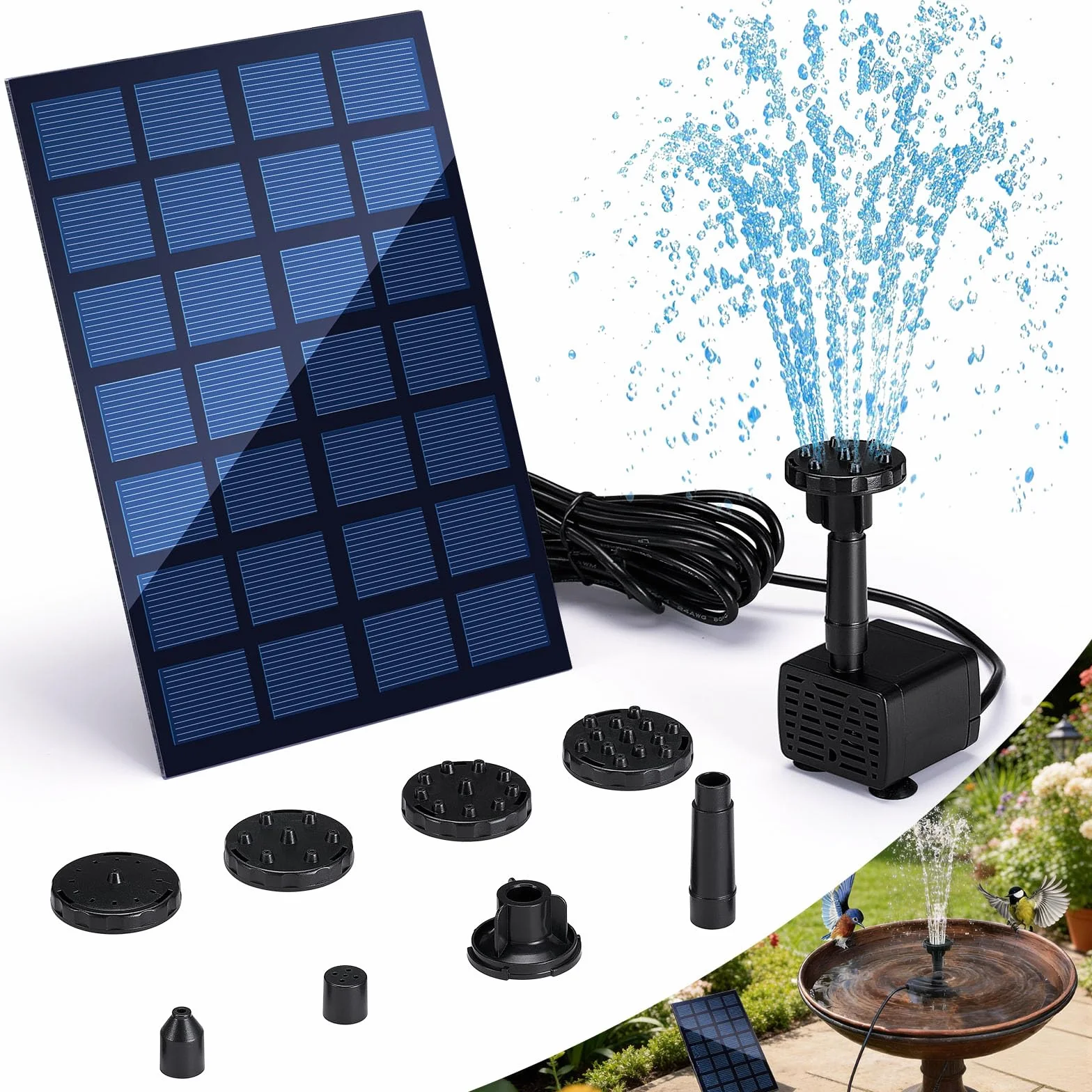 Pompa solare per laghetto, Fontana Solare 2,5W, con 6 Effetti Ugelli, Fontana da Giardino Solare, per Laghetto da Giardino, Bagno degli Uccelli, Vasca per Pesci, Piscina