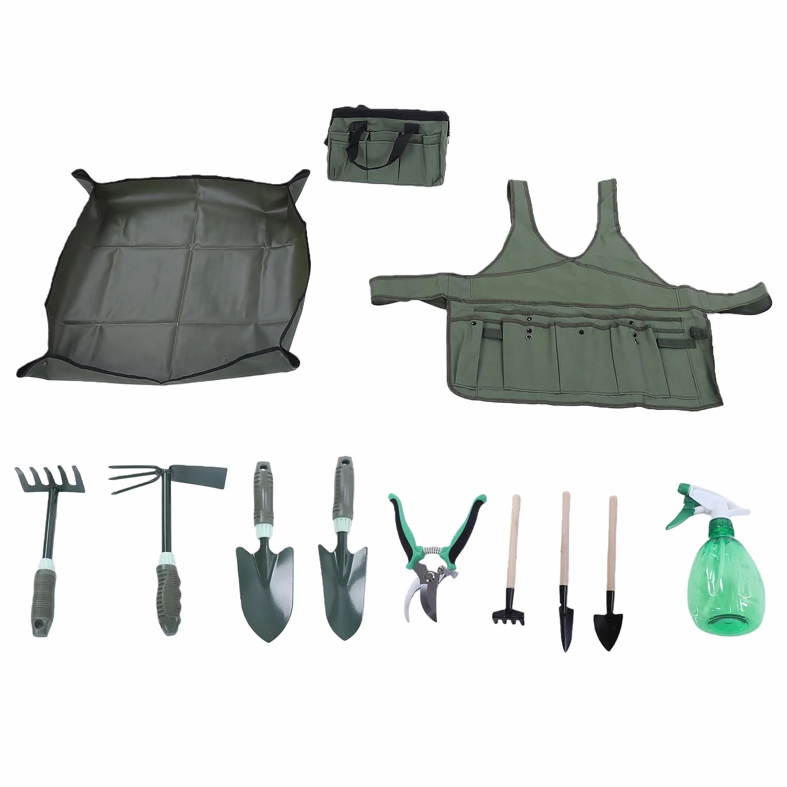 Tosuny Set di Attrezzi da Giardino con Manico Antiscivolo, Pala, Rastrello, Cesoie da Potatura, Bottiglia Spray, Grembiule da Giardinaggio, Tappetino e Custodia, Kit da Giardinaggio Resistente per