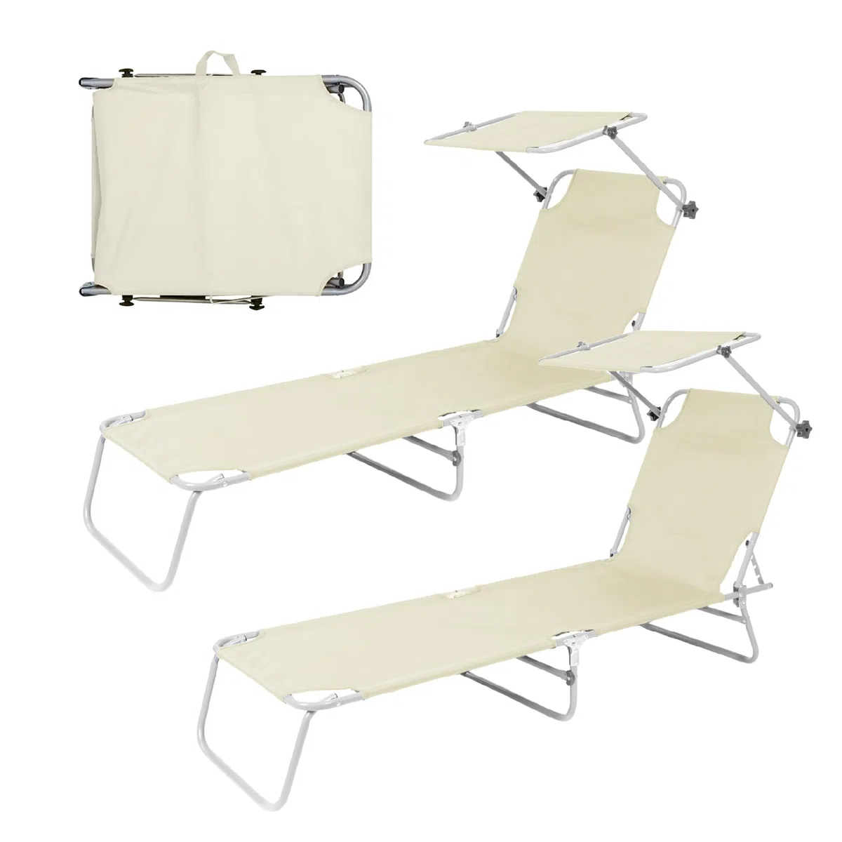IlGruppone Coppia Lettini Prendisole Pieghevoli con Parasole Regolabile, Schienale Reclinabile in 4 Posizioni, Struttura in Acciaio Anti-Ruggine, Tessuto Impermeabile Anti-UV, Portata 110 kg - Ecru