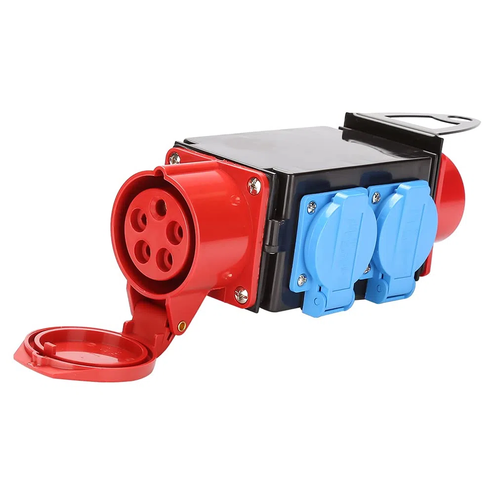 Randaco Distributore di corrente ad alta corrente, CEE, 400 V/16 A+3 x 230 V, presa di contatto, distributore di corrente industriale a 5 pin, IP44, con tappo di sicurezza per cantiere
