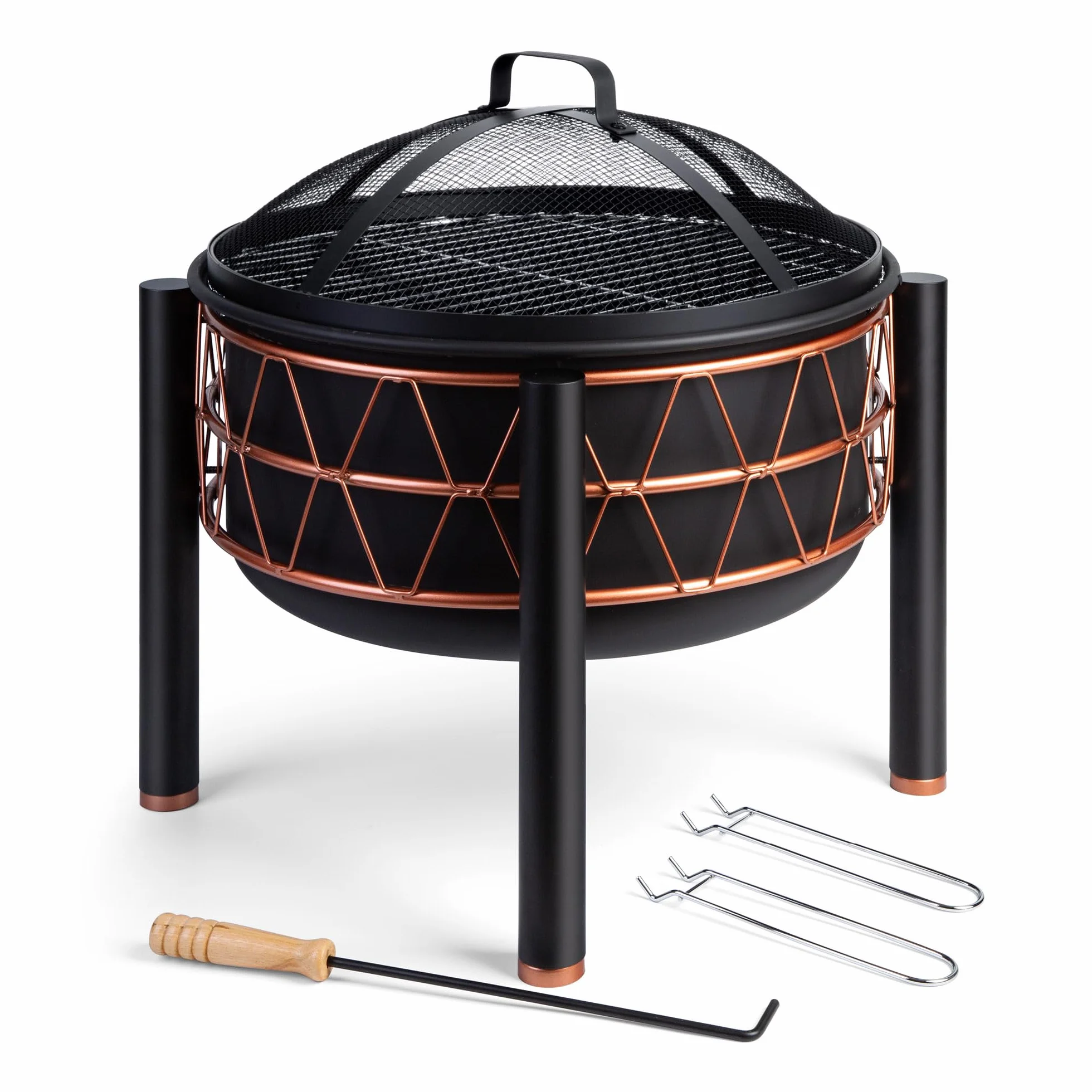 VonHaus Braciere – 2-in-1 con Griglia BBQ per esterni, giardino e patio, in acciaio nero con dettaglio rame, con attizzatoio e coperchio in rete inclusi, legna o carbone