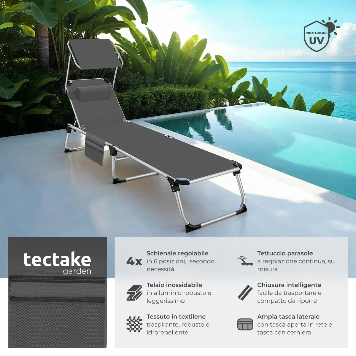 tectake® Lettino Prendisole Pieghevole, Telaio in Alluminio, Schienale Regolabile in 6 Posizioni, Lettino Sdraio con Tetto Parasole e Comodo Cuscino, Ideale per Giardino e Campeggio - Grigio