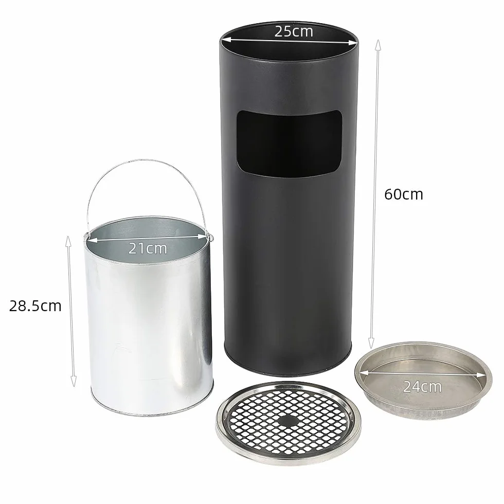 OHMG Contenitore per rifiuti da giardino, 30 L, posacenere rimovibile in acciaio inox, cestino rotondo con bidone e secchio interno, per interni ed esterni, commerciale (25 x 25 x 60 cm (nero))