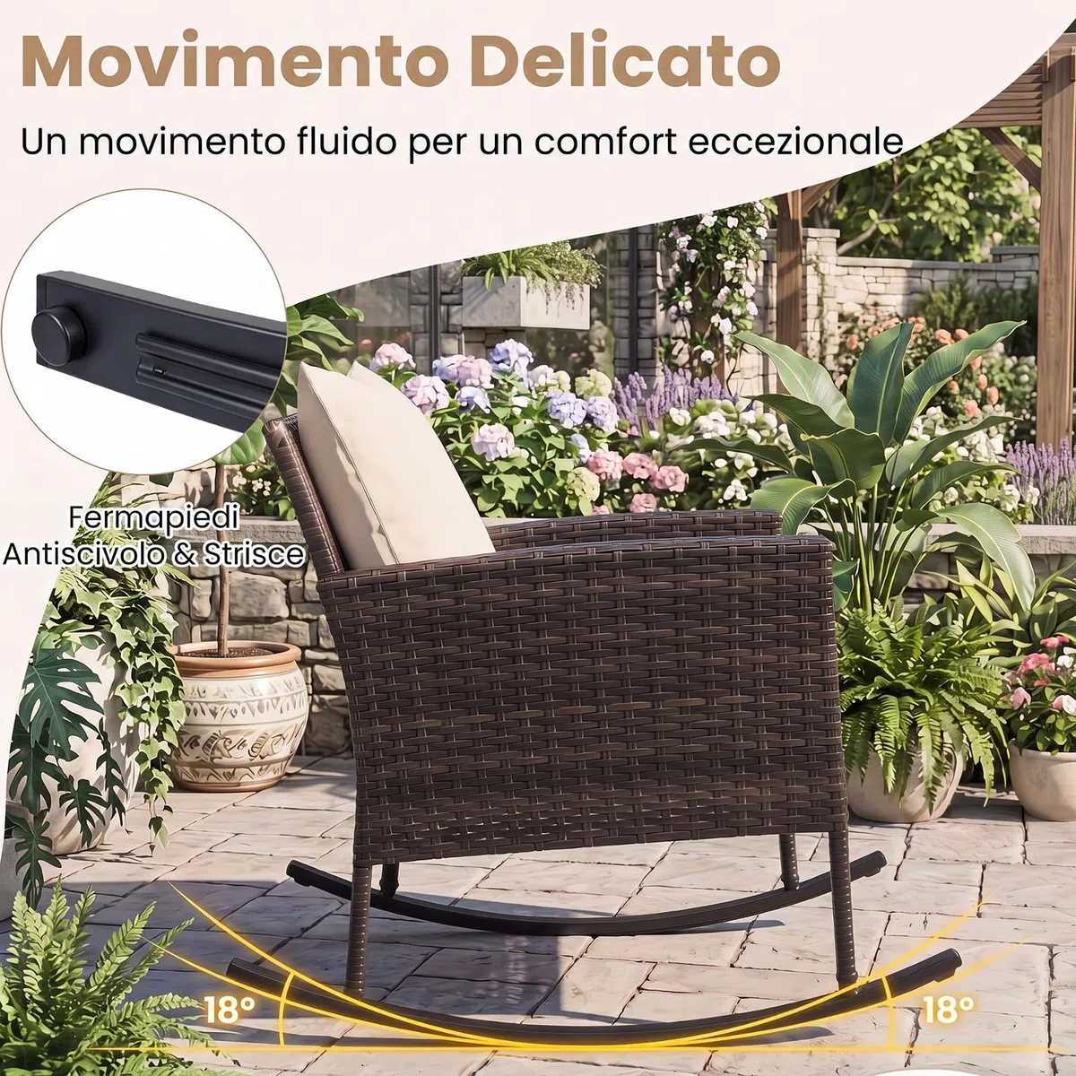 SOARS Salotto da Esterno 3 Pezzi in Rattan, Set Mobili da Giardino con 2 Poltrone a Dondolo, Tavolino da Caffè in Vetro Temperato e Comodi Cuscini con Fodera Lavabile, per Balcone, Cortile (Beige)