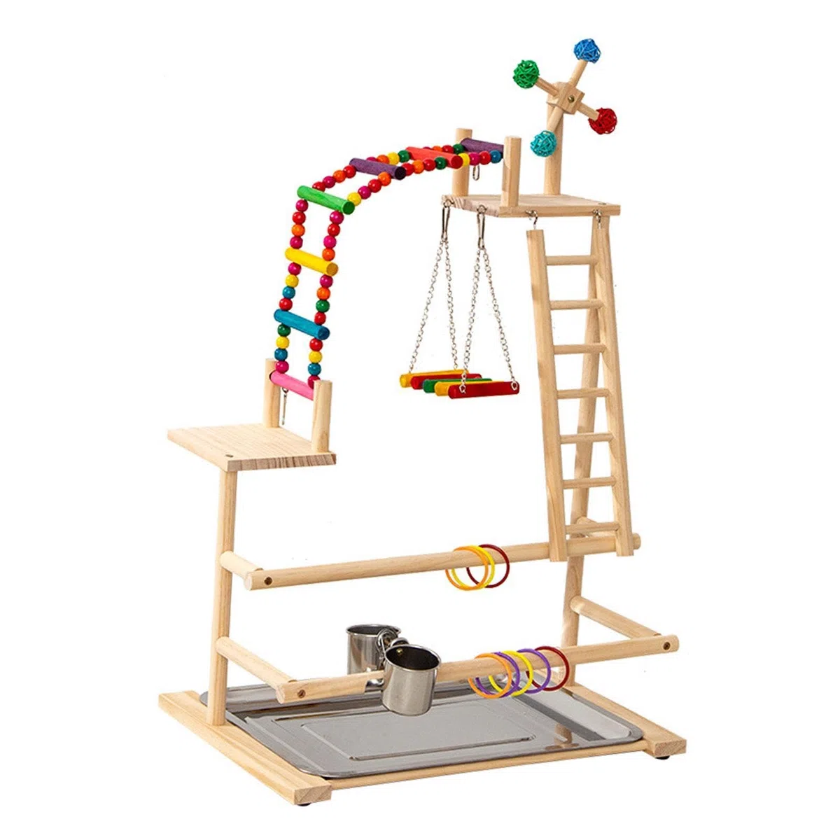 Parrocchetto Palestra Parco Giochi per Uccelli Pappagallo Posatoio in Legno Giocattolo Mulino Interattivo Multifunzionale Alimentatori Adatto per