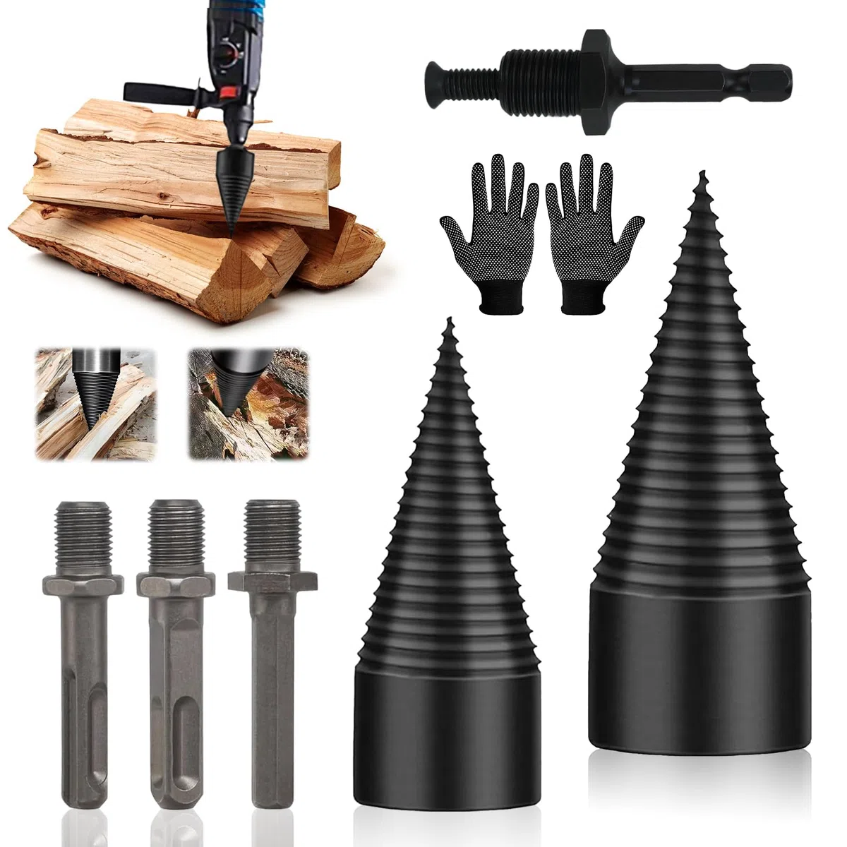 Punta Spaccalegna per Trapano, 32mm+42mm Cono per Vite Spaccalegna con 4 Manici per Trapano, spaccalegna Cono di Legno, trapano perTaglialegna Casa
