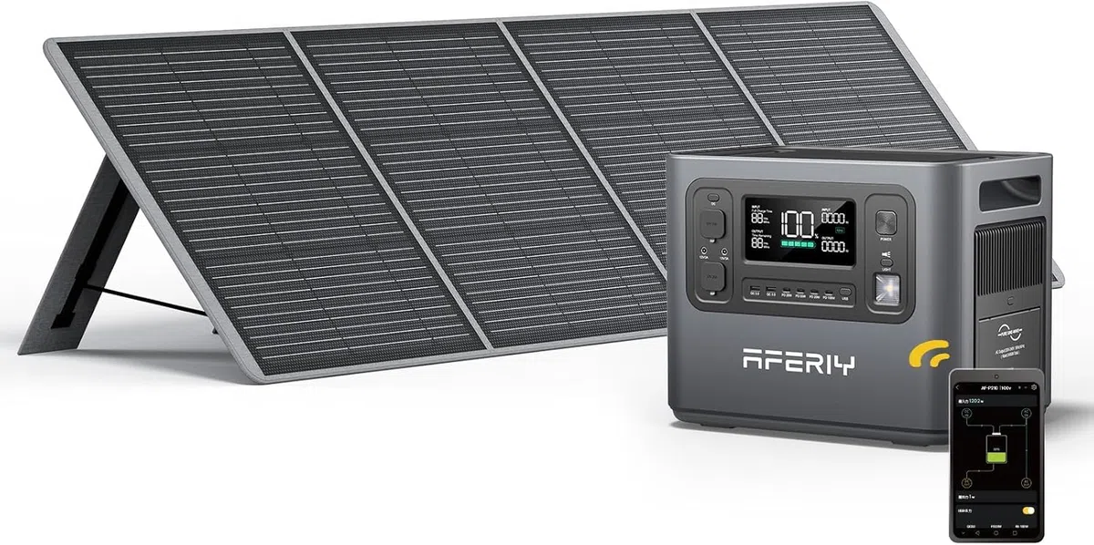 AFERIY Generatore solare 2400 W con pannello solare da 200 W, stazione di alimentazione portatile da 2048 Wh (picco da 4800 W), batteria LiFePO4, 220 V-240 V, pannello solare pieghevole con USB, IP65