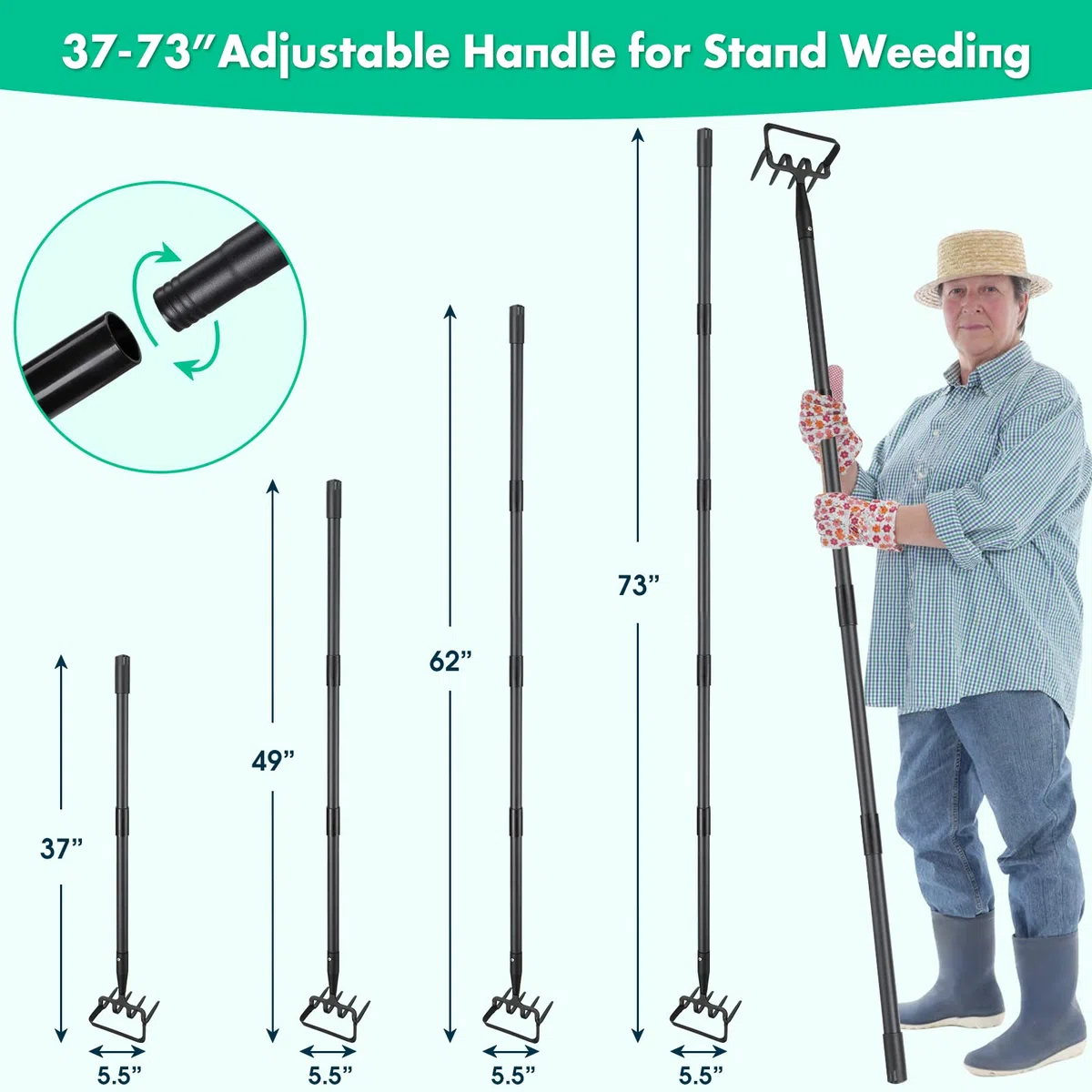 Zappa da giardino per diserbo, strumento per zappa, con supporto per giardino con anello regolabile, manico lungo 183 cm, regolabile, per diserbo