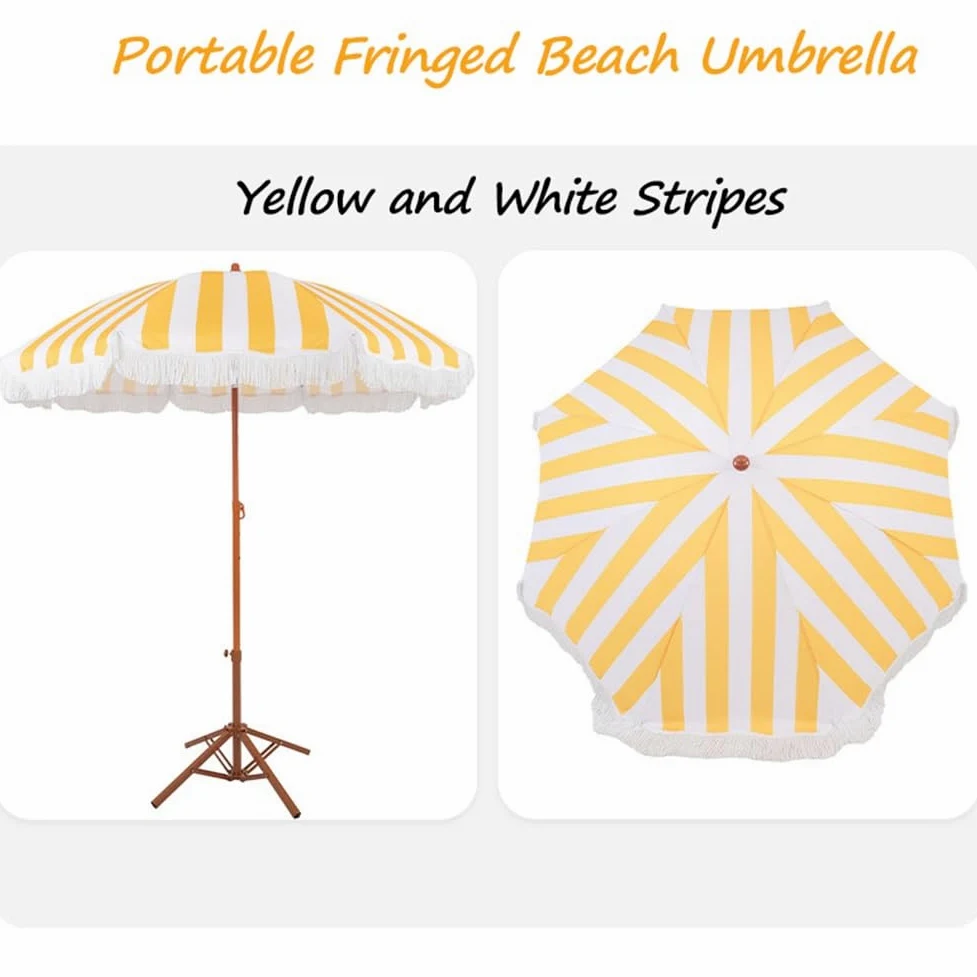 Ombrellone da Spiaggia con Frange da 200 cm, Strisce Gialle e Bianche, Inclinabile, per Piscina, Prato, Giardino e Terrazza, UPF 50+