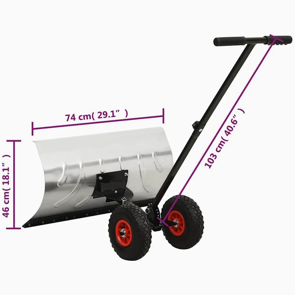 Pala da neve con ruote, spazzaneve in metallo zincato con scudo da 74 x 46 cm, 2 ruote gonfiate ad aria da 25 cm, manico regolabile in 5 posizioni e pala da neve, leggero per giardino